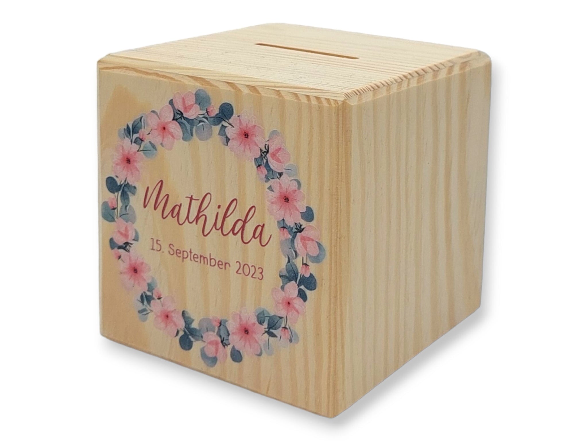 Holzspardose "Blumenkranz 7" personalisiert mit Namen