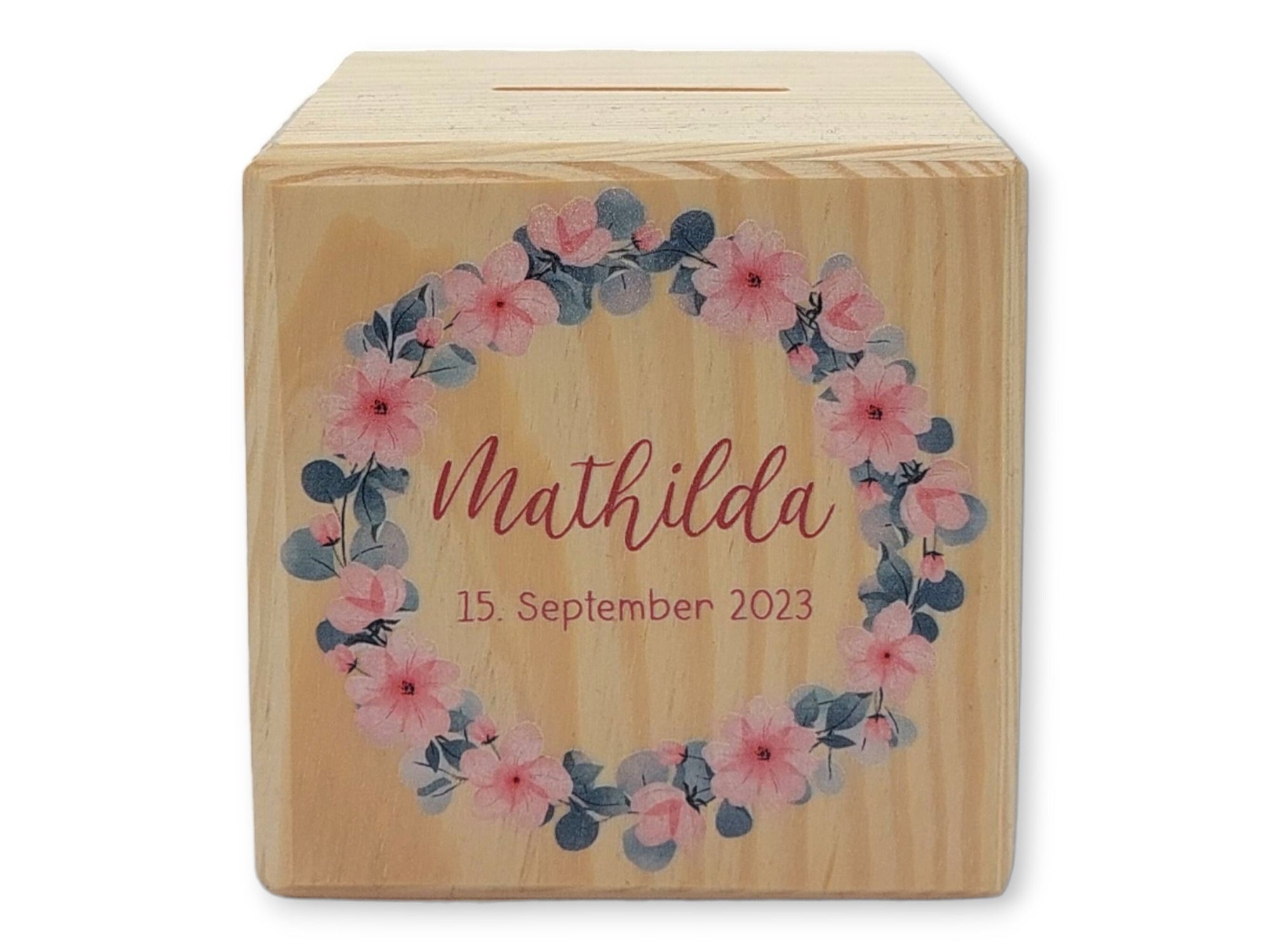 Holzspardose "Blumenkranz 7" personalisiert mit Namen