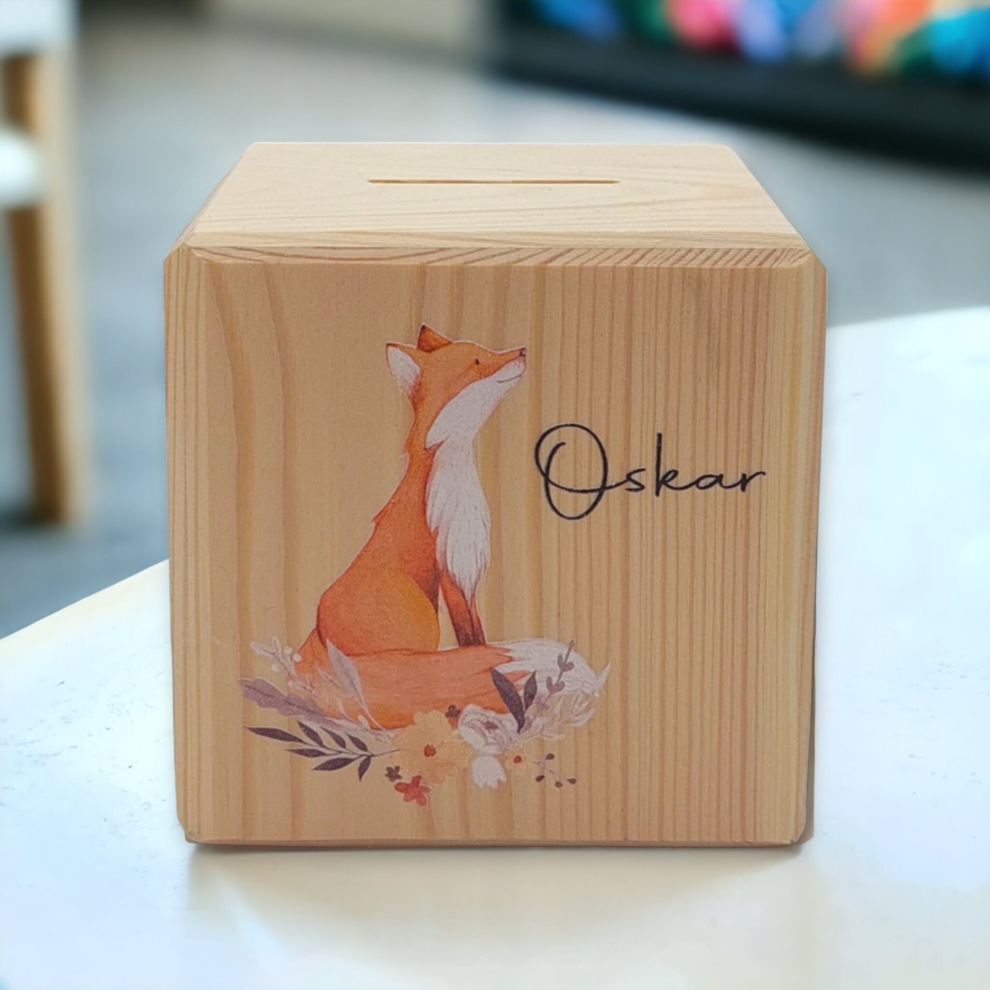 Holzspardose "Fuchs" personalisiert mit Namen