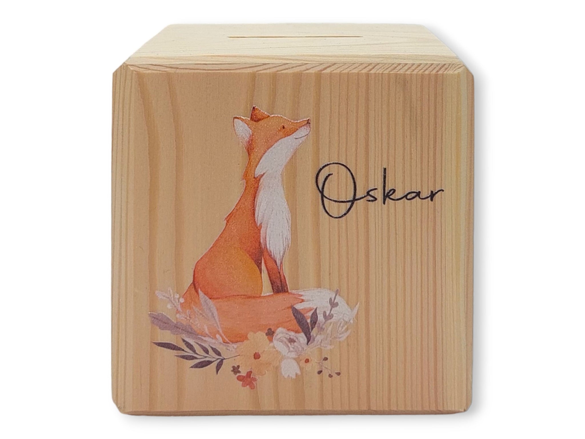 Holzspardose "Fuchs" personalisiert mit Namen