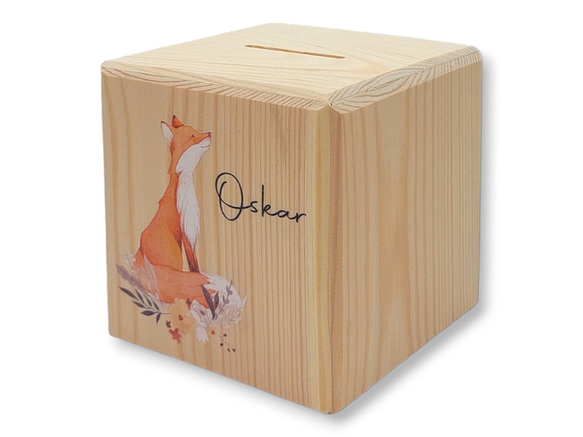 Holzspardose "Fuchs" personalisiert mit Namen