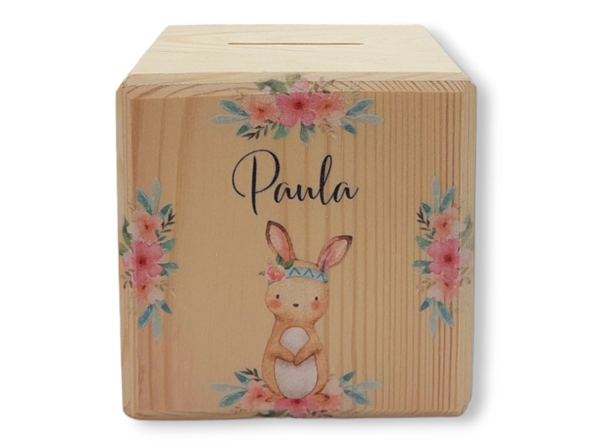 Holzspardose "Boho Hase" personalisiert mit Namen