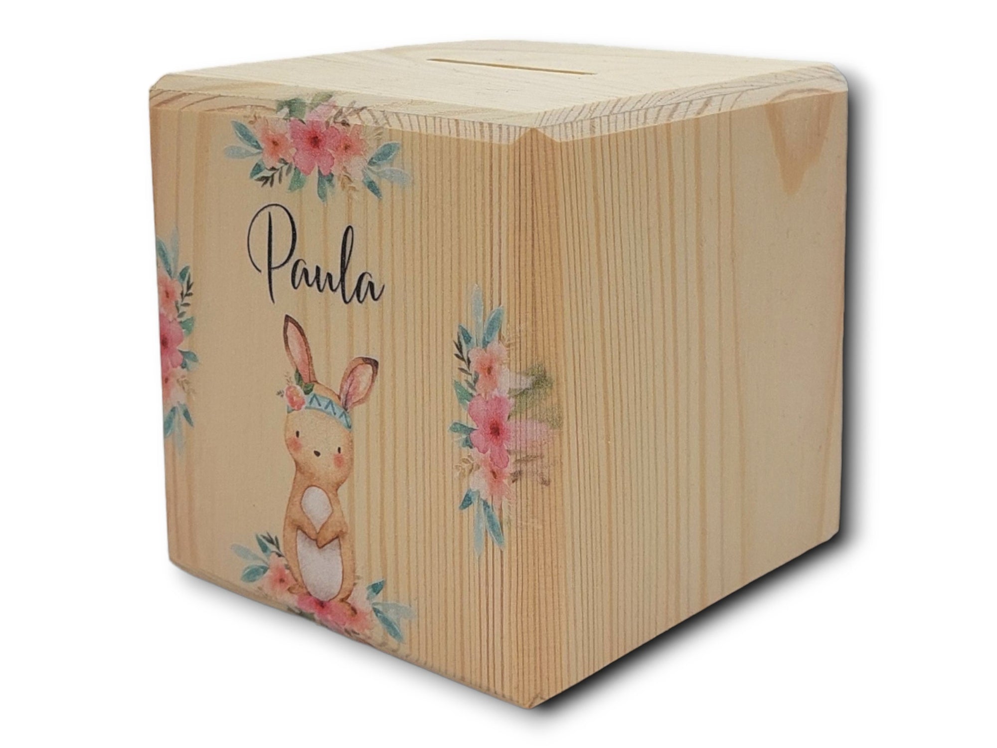 Holzspardose "Boho Hase" personalisiert mit Namen