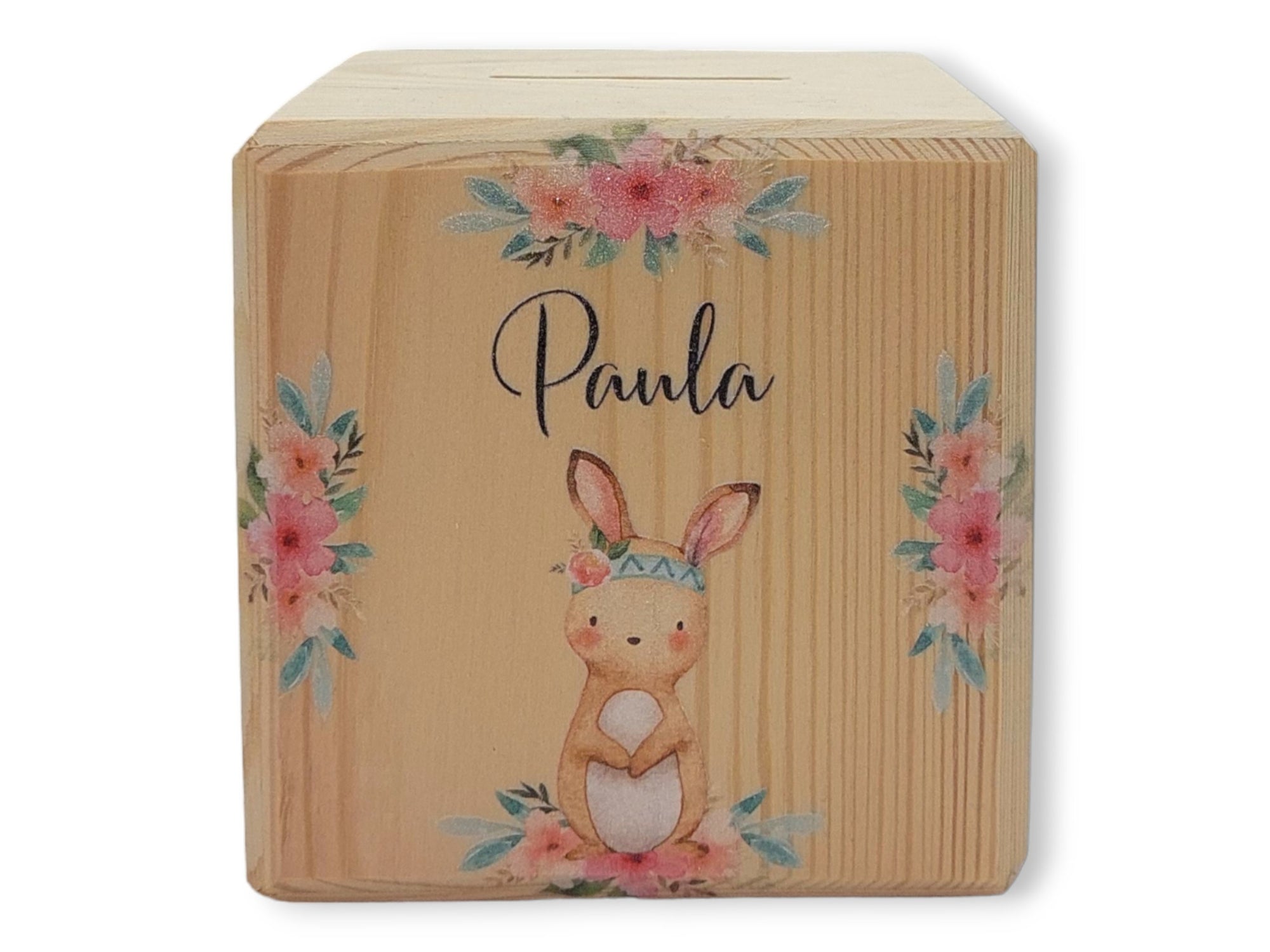 Holzspardose "Boho Hase" personalisiert mit Namen