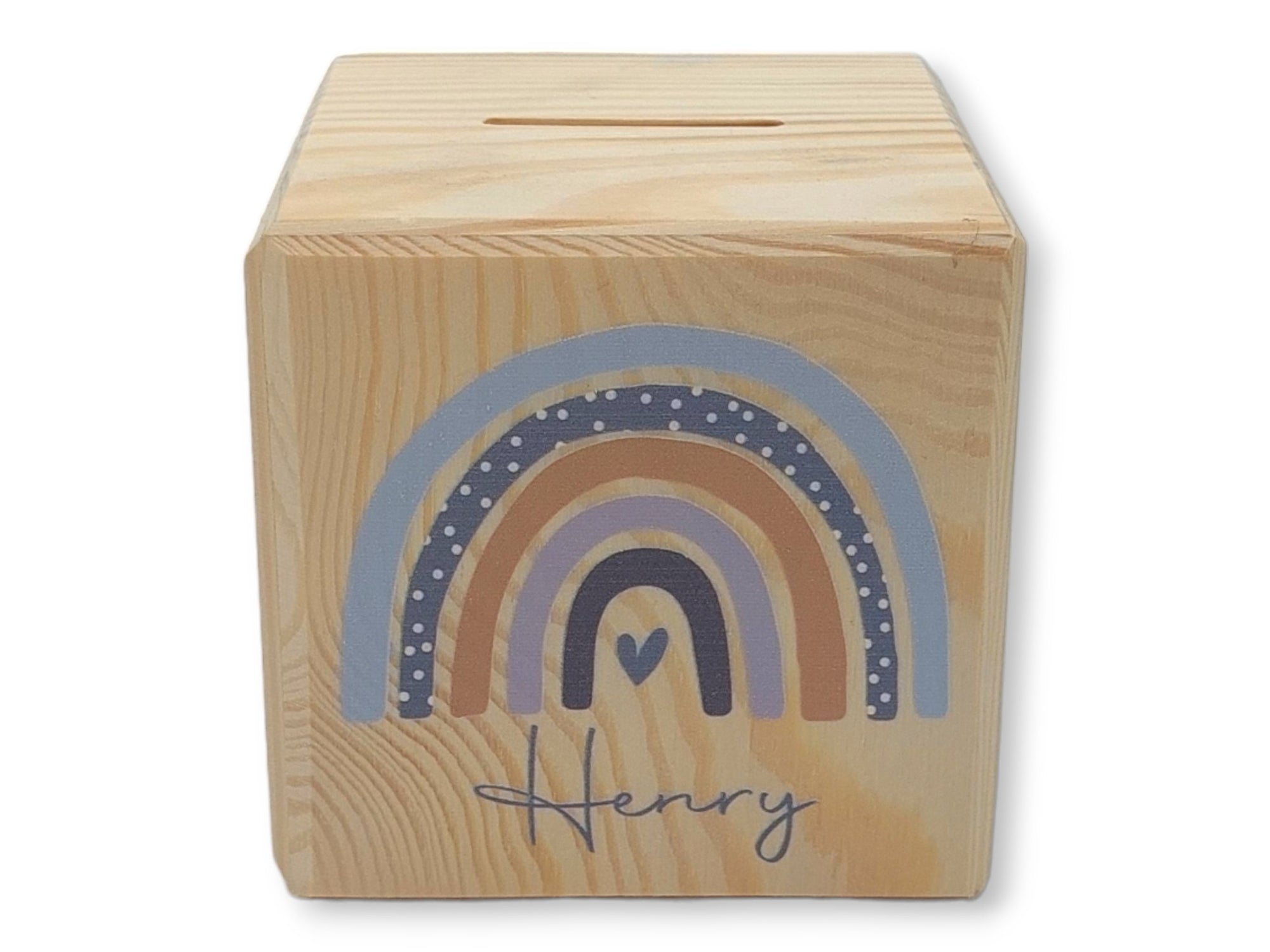 Holzspardose "Regenbogen Punkte" personalisiert mit Namen