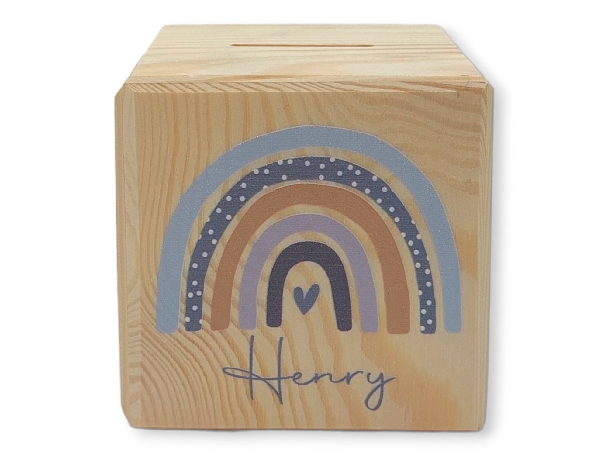 Holzspardose "Regenbogen Punkte" personalisiert mit Namen
