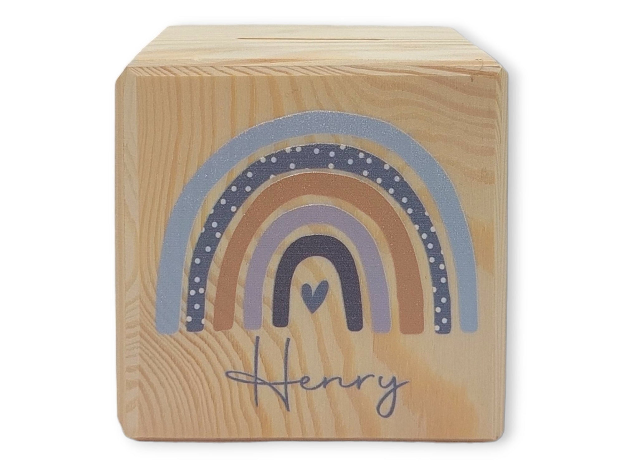 Holzspardose "Regenbogen Punkte" personalisiert mit Namen