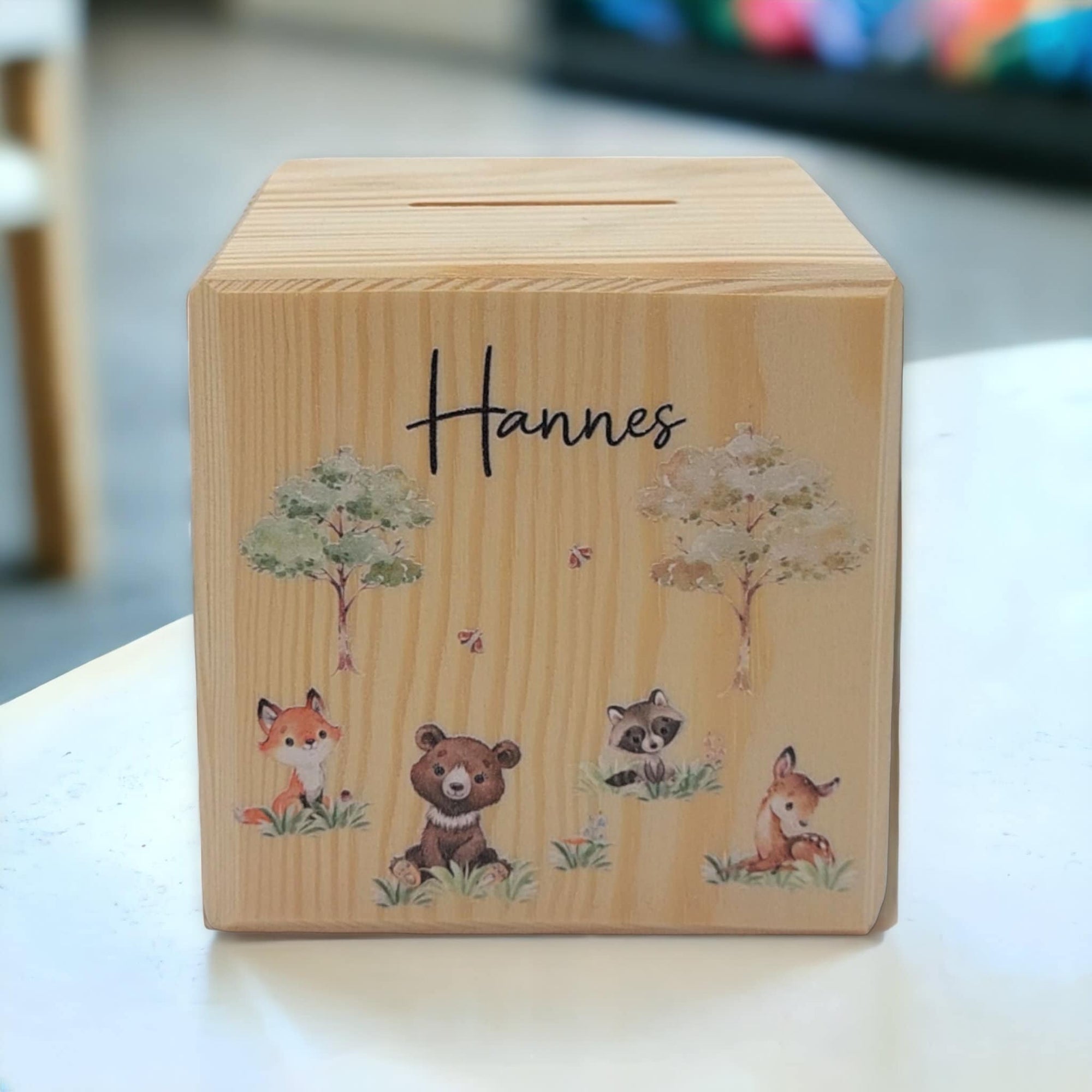 Holzspardose "Waldtiere" personalisiert mit Namen