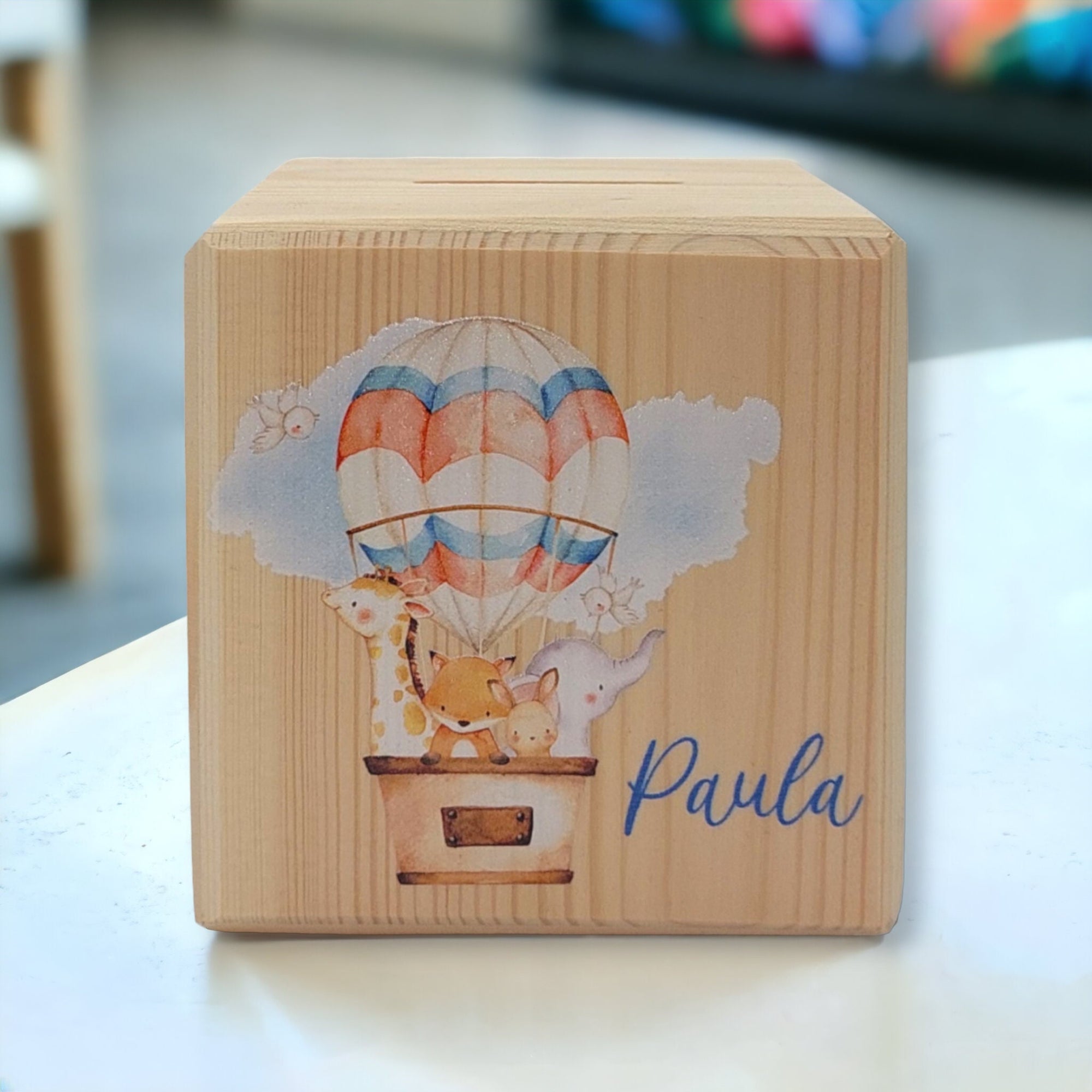 Holzspardose "Heißluftballon" personalisiert mit Namen
