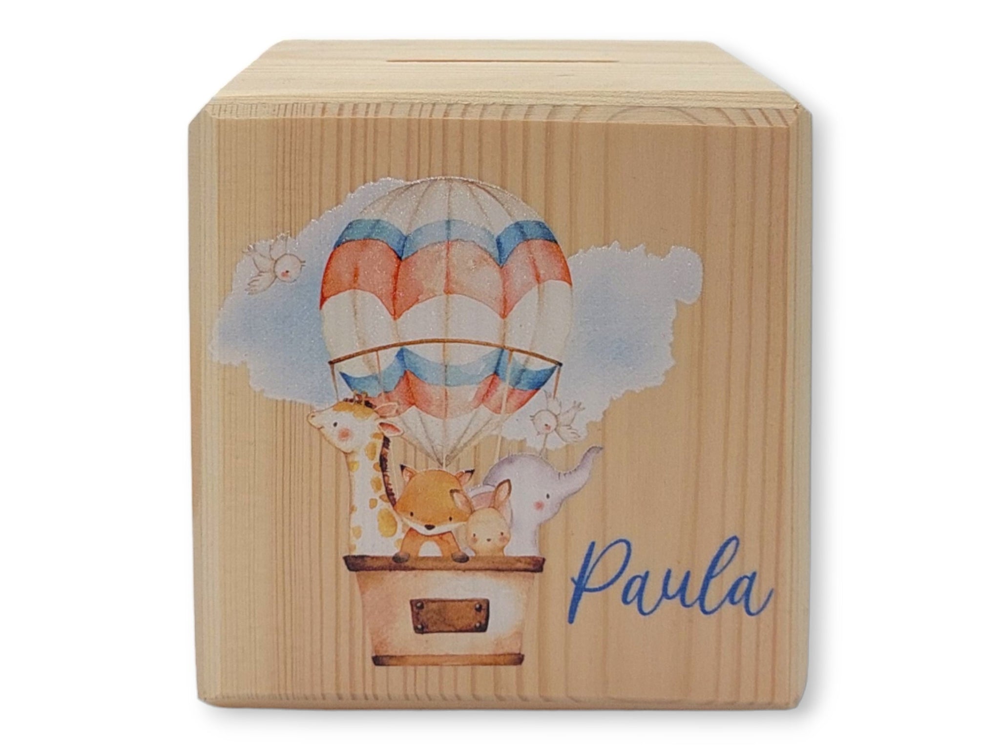 Holzspardose "Heißluftballon" personalisiert mit Namen