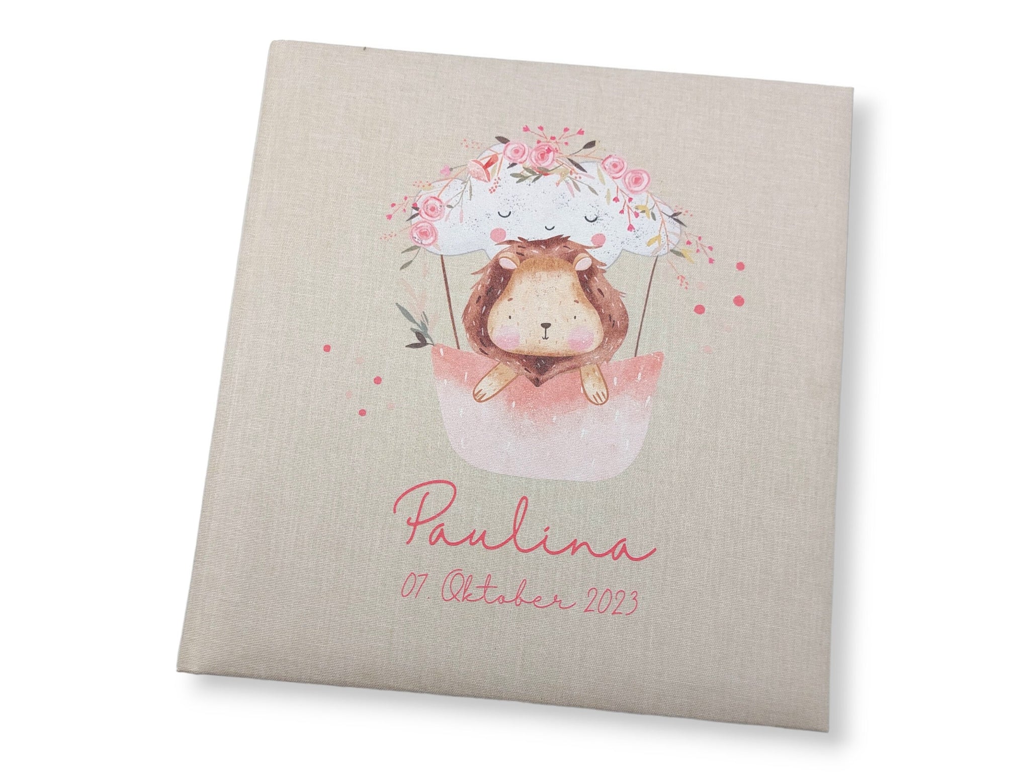 Fotoalbum personalisiert Baby, Kind "Heißluftballon rosa" Leinen, Erinnerungsalbum