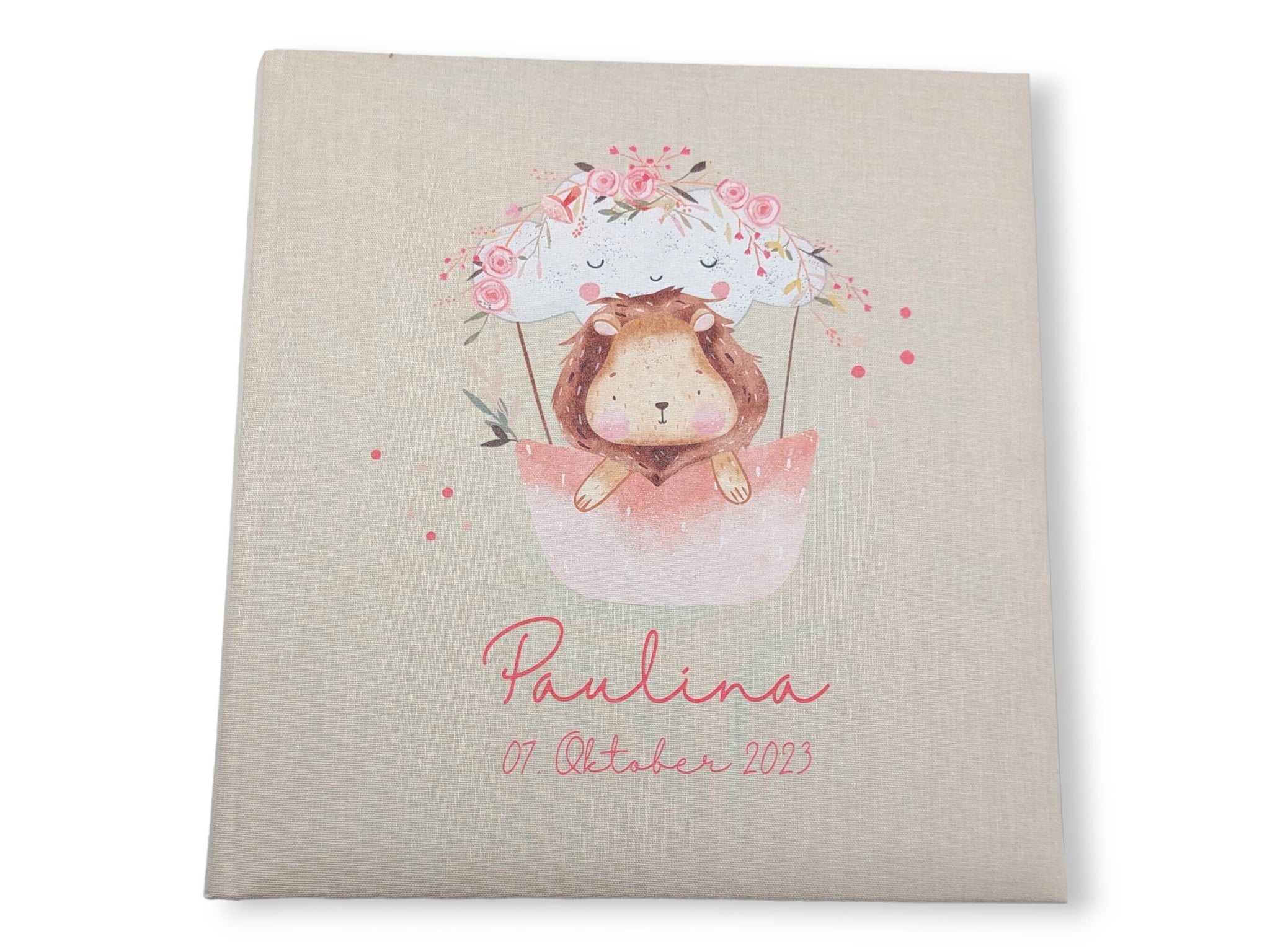 Fotoalbum personalisiert Baby, Kind "Heißluftballon rosa" Leinen, Erinnerungsalbum