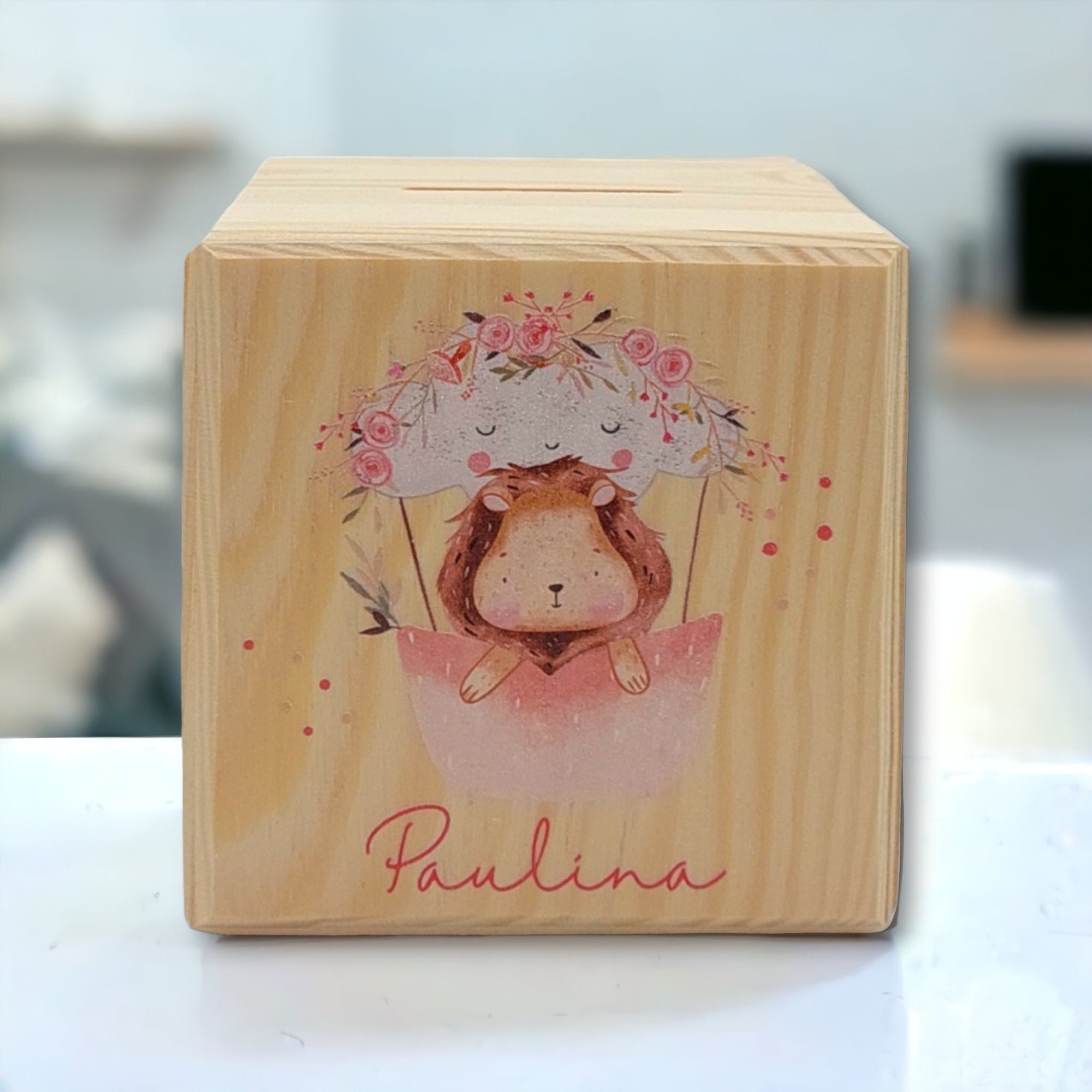Holzspardose "Heißluftballon rosa" personalisiert mit Namen