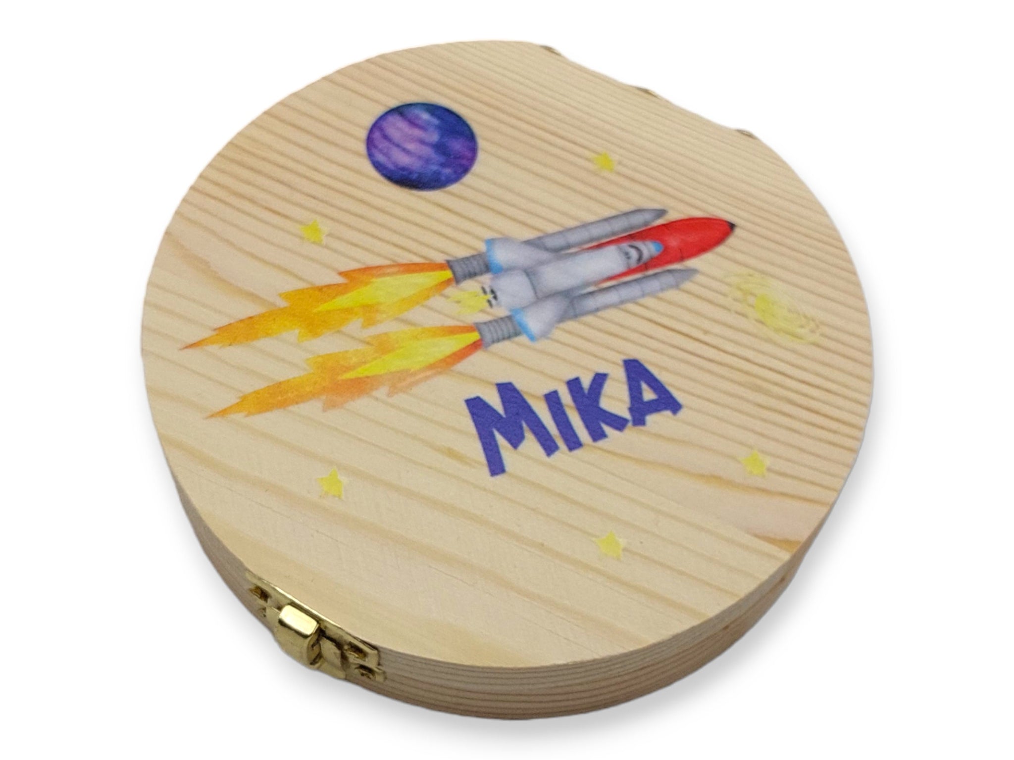 Milchzahndose personalisiert "Rakete Weltall" / Milchzahnbox aus Holz