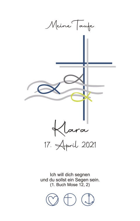 Taufkerze personalisiert mit Namen Datum und Taufspruch "Kreuz Fische blau", Junge/ Mädchen