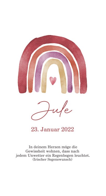 Taufkerze personalisiert mit Namen Datum und Taufspruch "Regenbogen watercolor rot", Junge/ Mädchen