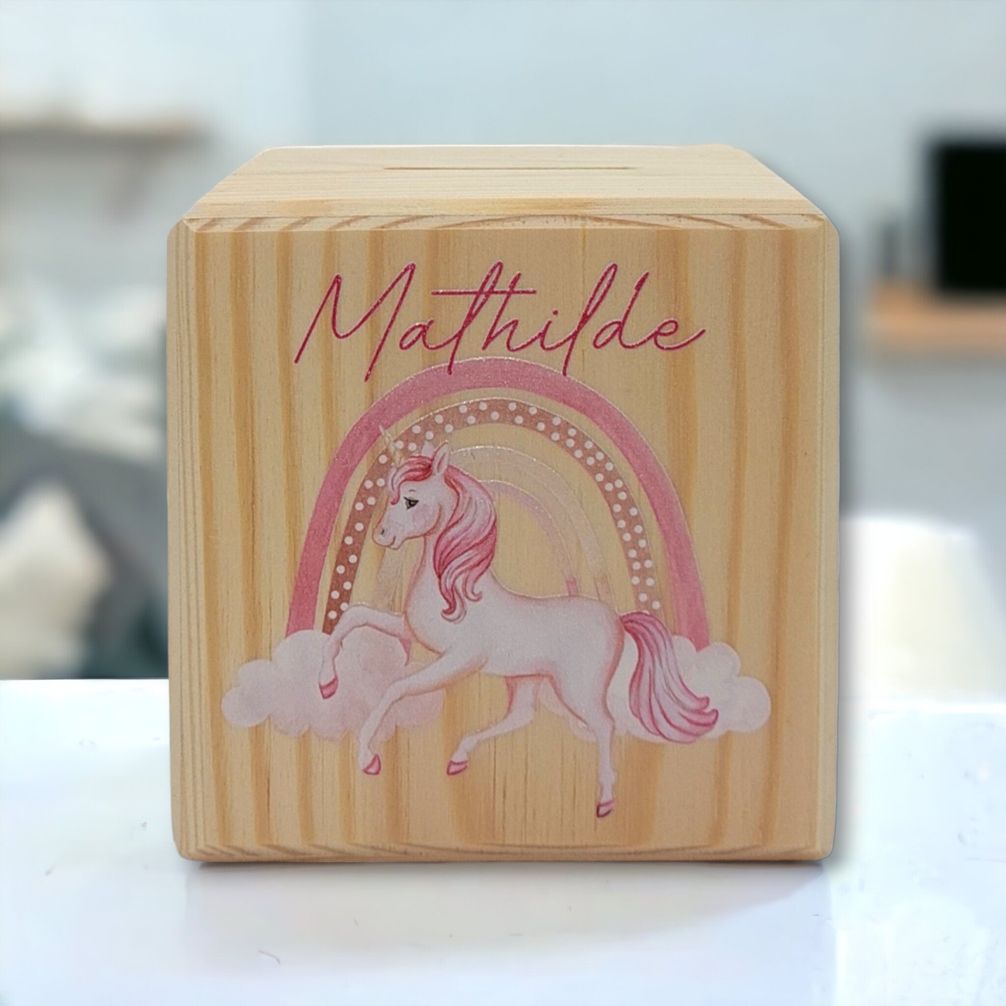Holzspardosepersonalisiert "Einhorn Regenbogen" personalisiert mit Namen