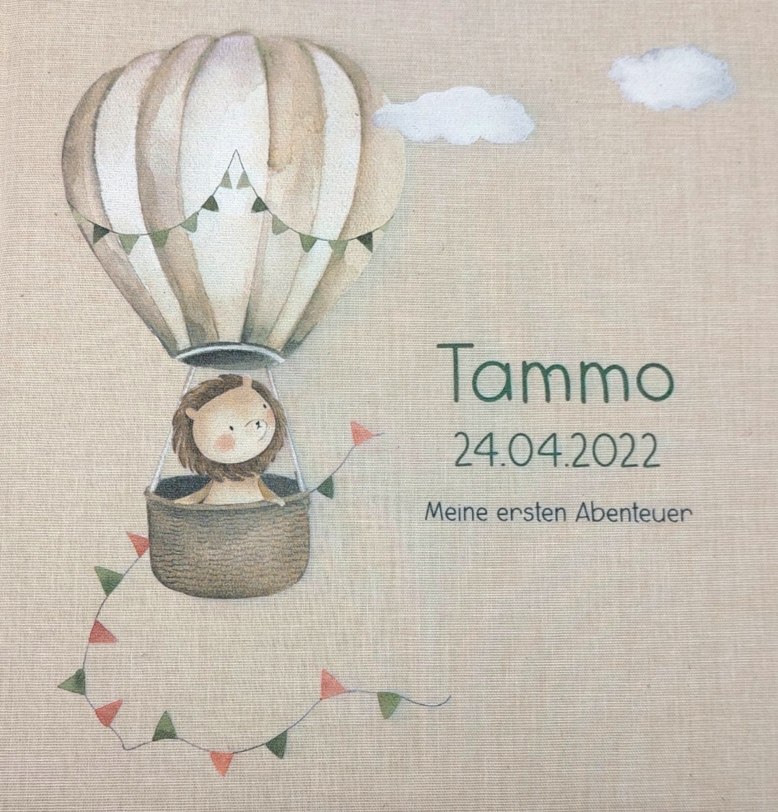 Fotoalbum personalisiert Baby, Kind "Heißluftballon Löwe" Leinen, Erinnerungsalbum