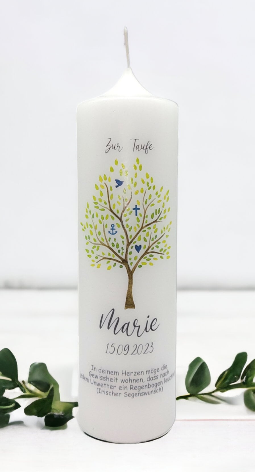 Taufkerze personalisiert mit Namen Datum und Taufspruch "Baum Symbole", Junge/ Mädchen