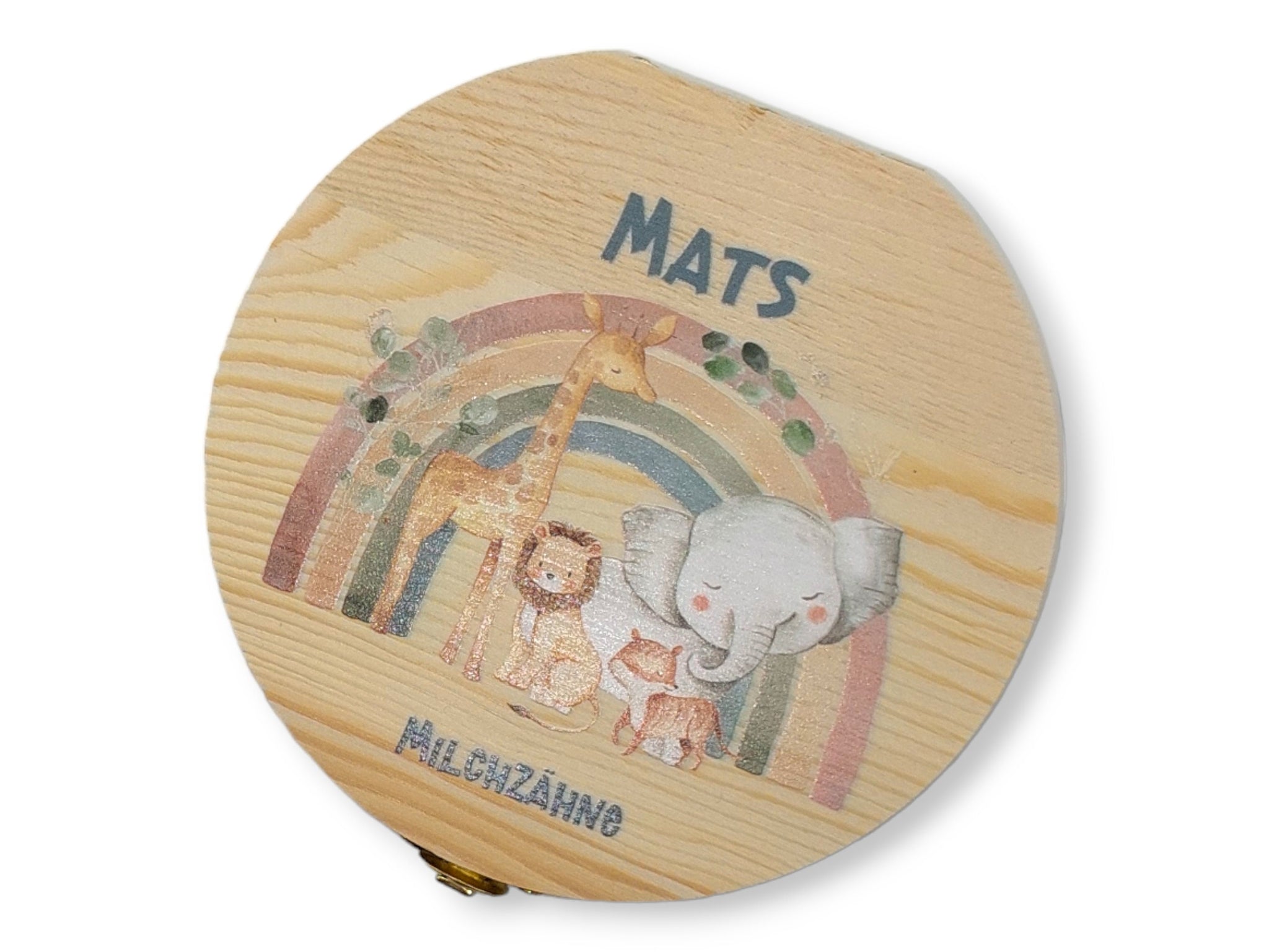 Milchzahndose personalisiert "Regenbogen Tiere" / Milchzahnbox aus Holz