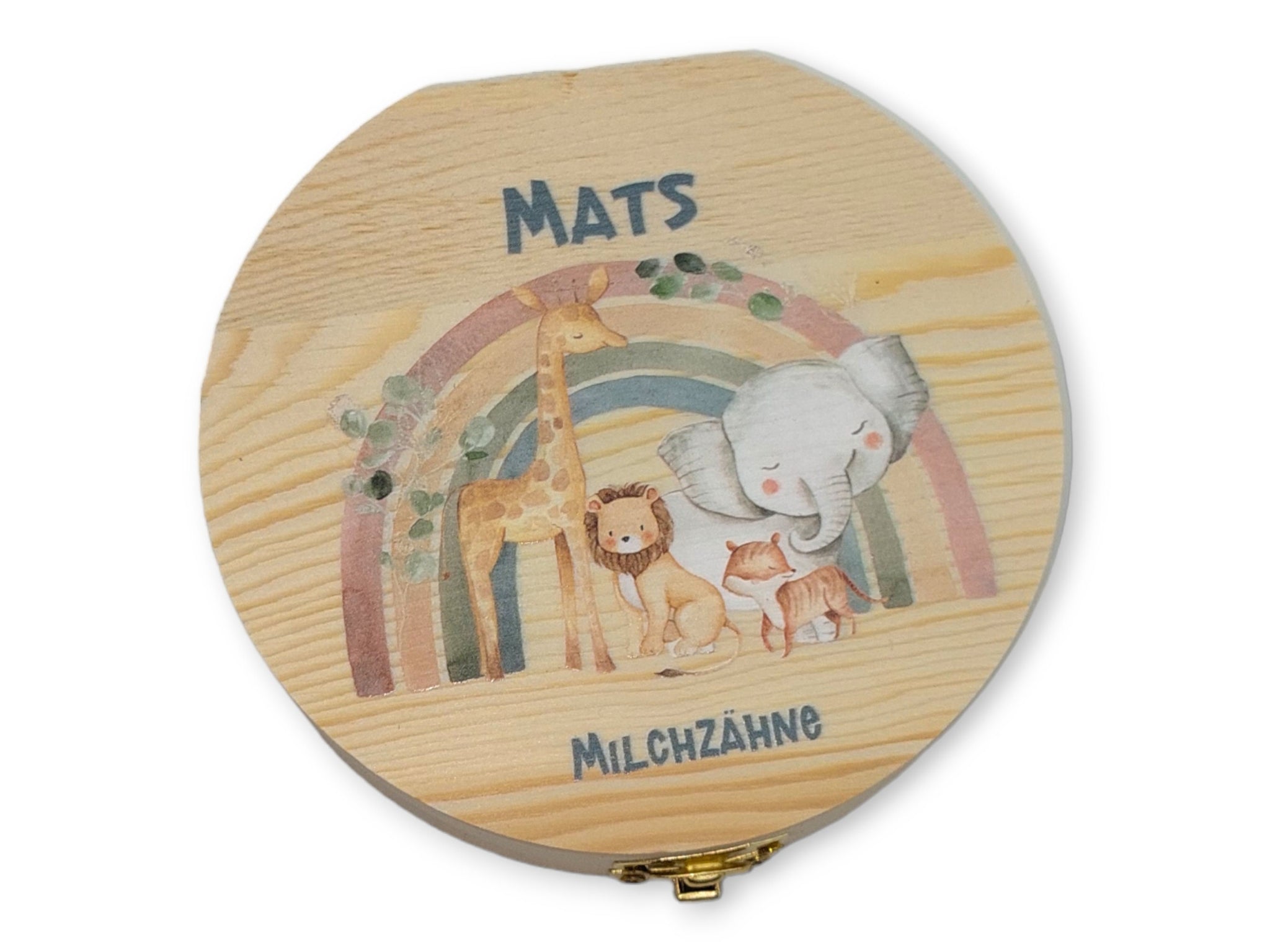 Milchzahndose personalisiert "Regenbogen Tiere" / Milchzahnbox aus Holz