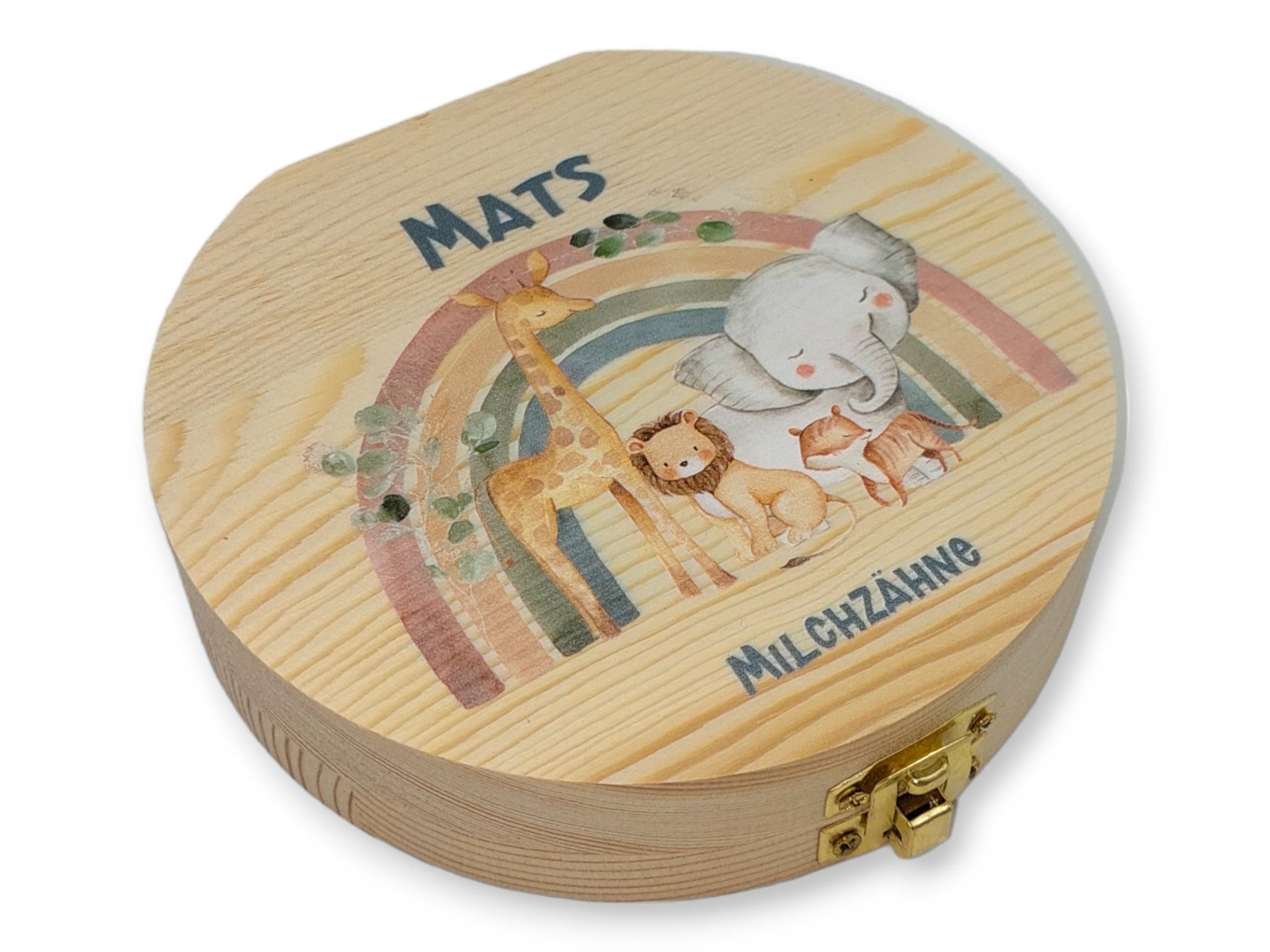 Milchzahndose personalisiert "Regenbogen Tiere" / Milchzahnbox aus Holz