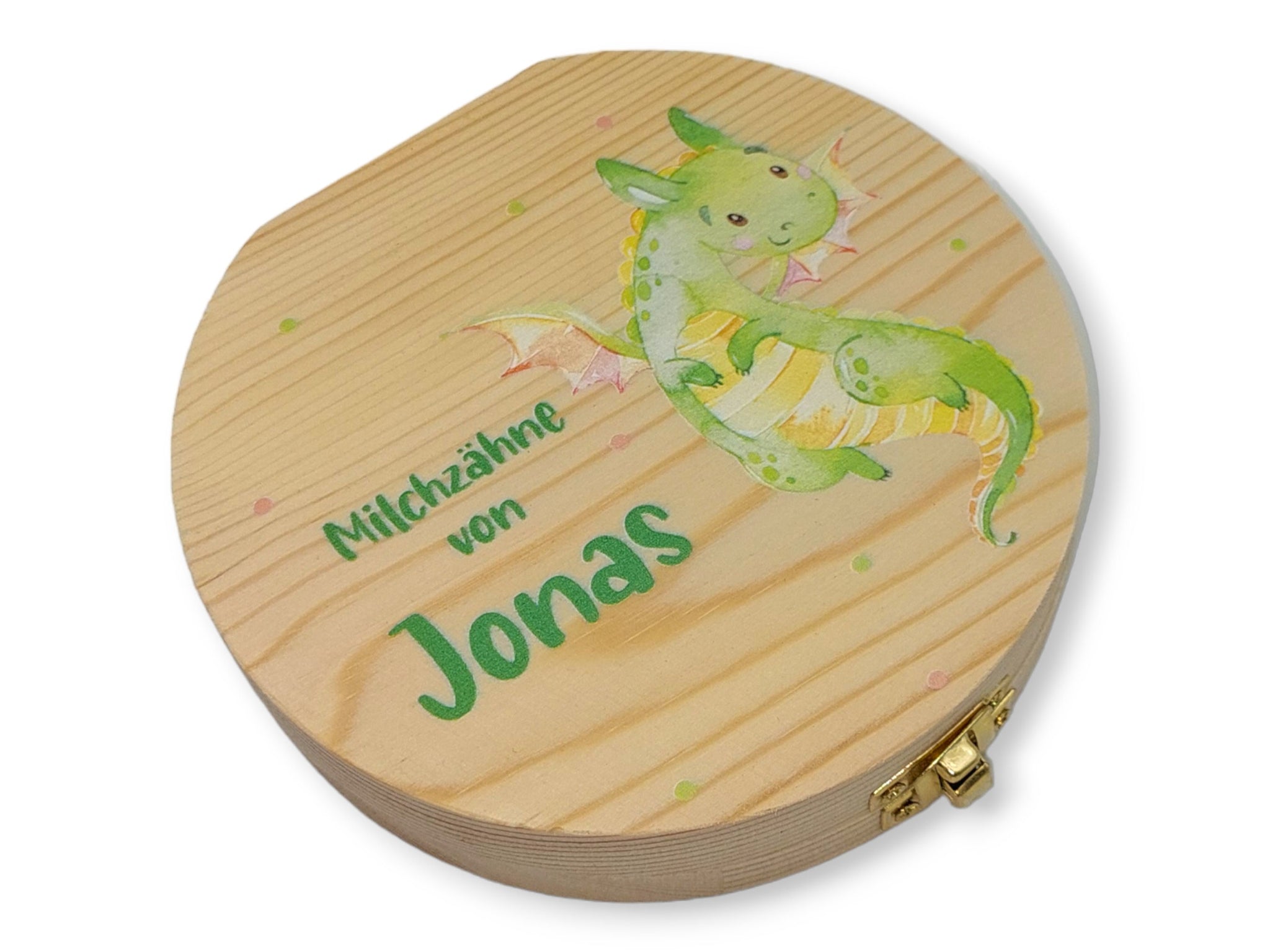 Milchzahndose personalisiert "Drache grün" / Milchzahnbox aus Holz