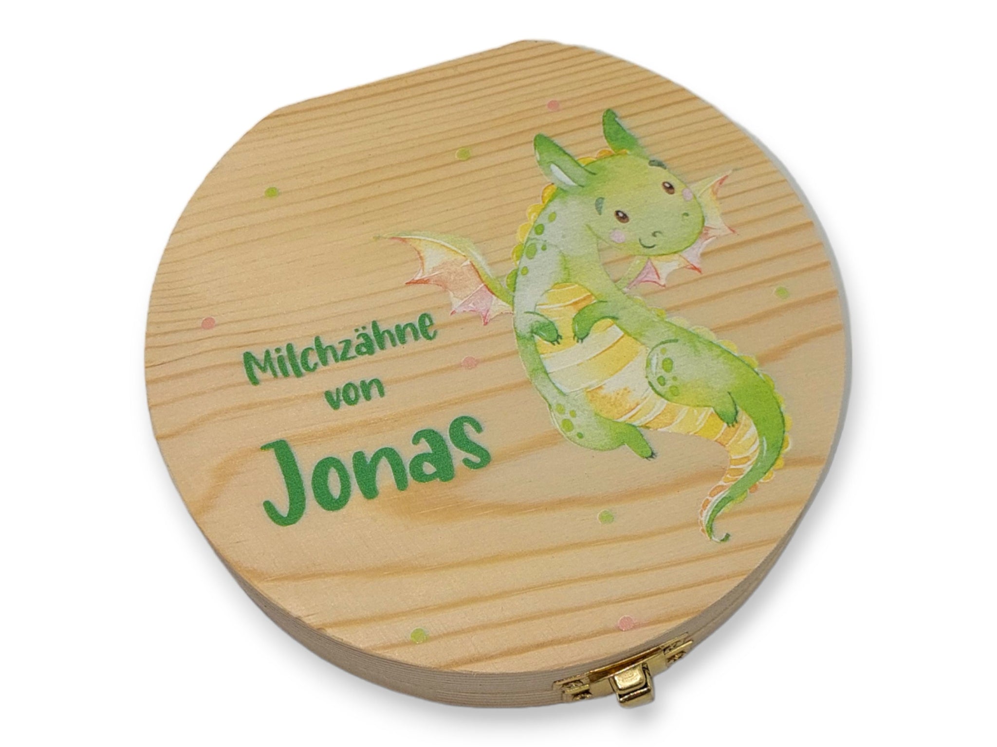 Milchzahndose personalisiert "Drache grün" / Milchzahnbox aus Holz