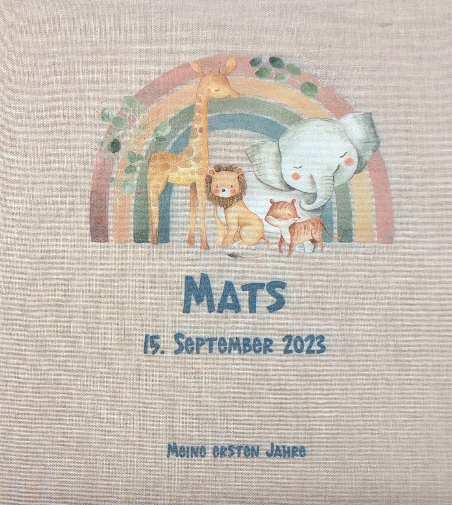 Fotoalbum personalisiert Baby, Kind "Regenbogen Tiere" Leinen, Erinnerungsalbum