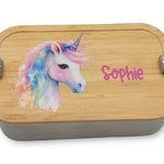 Brotdose personalisiert aus Edelstahl mit Bambus Deckel "Einhorn 2", Trennsteg, Lunchbox