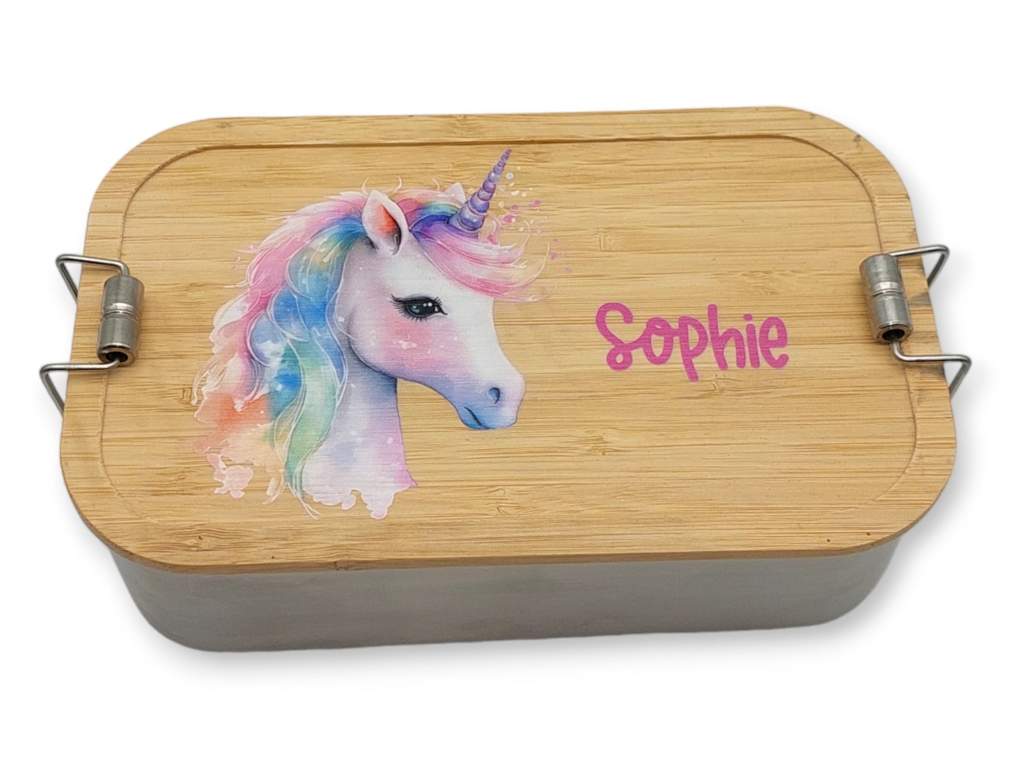 Brotdose personalisiert aus Edelstahl mit Bambus Deckel "Einhorn 2", Trennsteg, Lunchbox