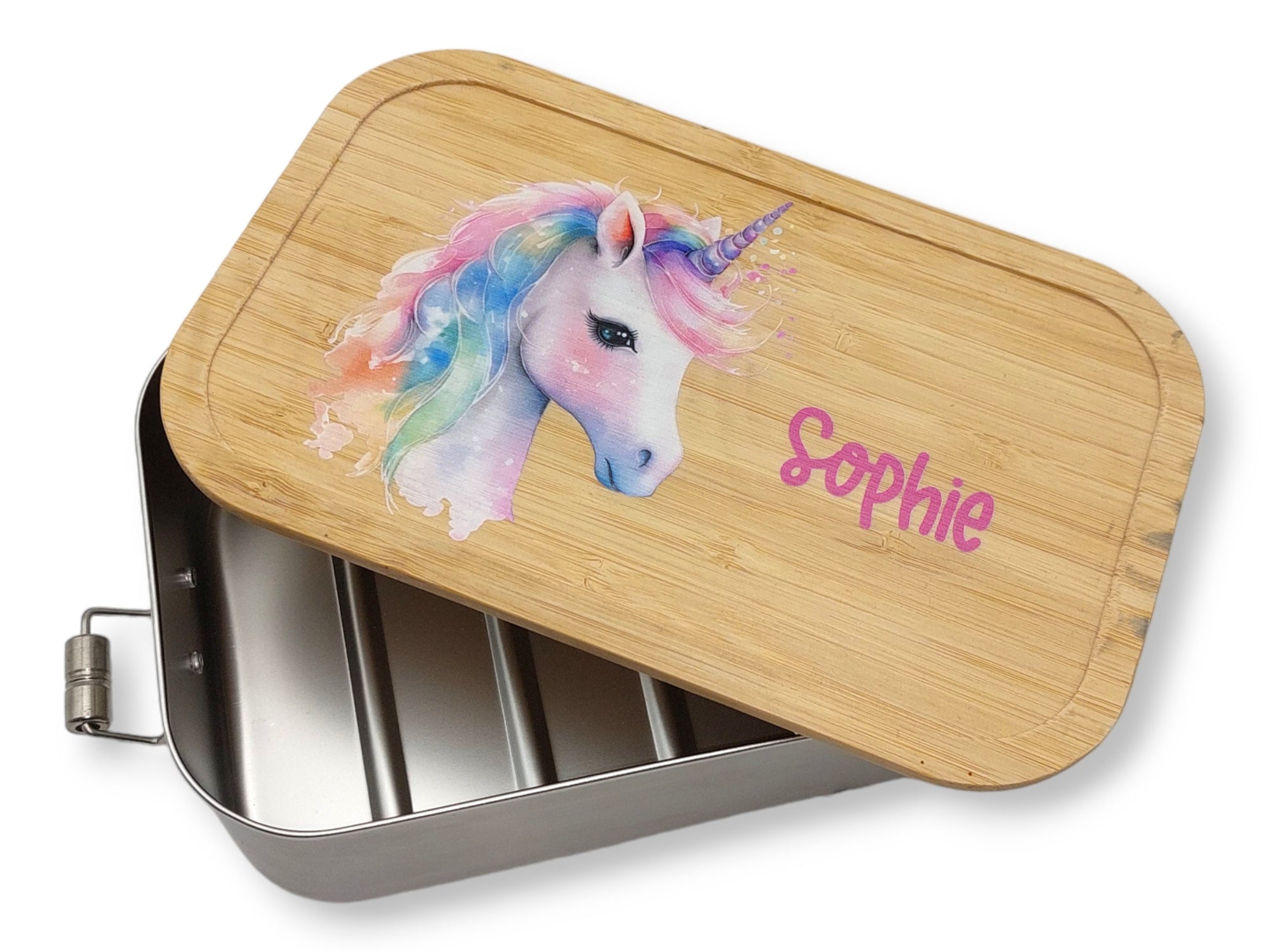 Brotdose personalisiert aus Edelstahl mit Bambus Deckel "Einhorn 2", Trennsteg, Lunchbox