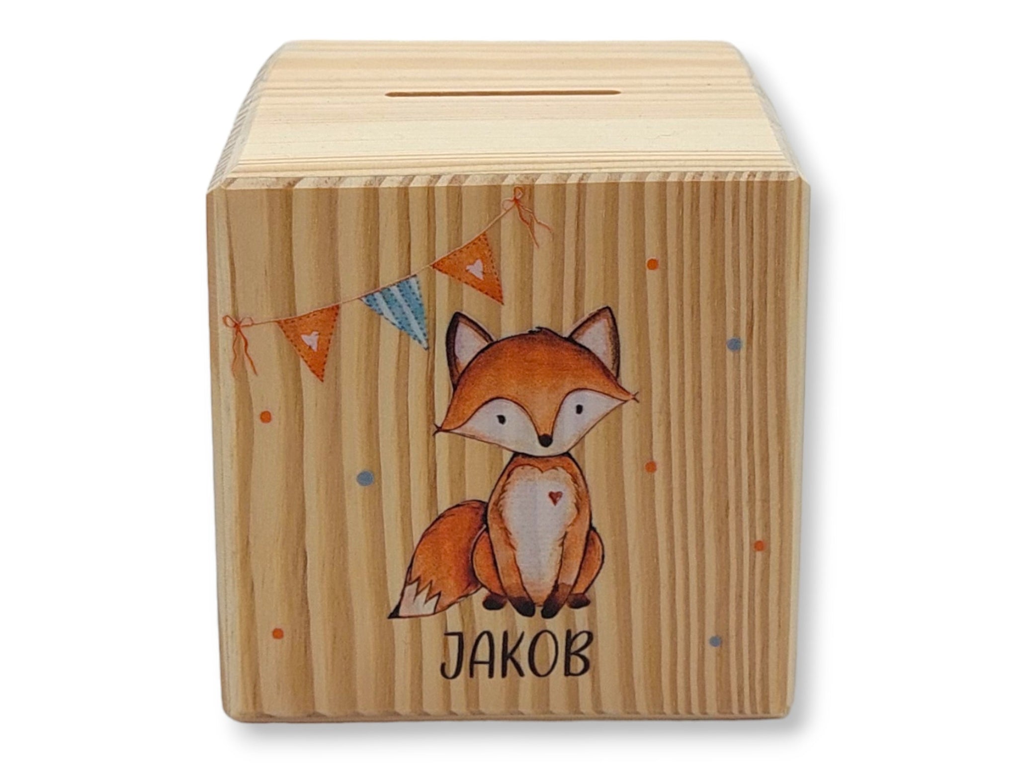 Holzspardose "Fuchs Wimpel" personalisiert mit Namen