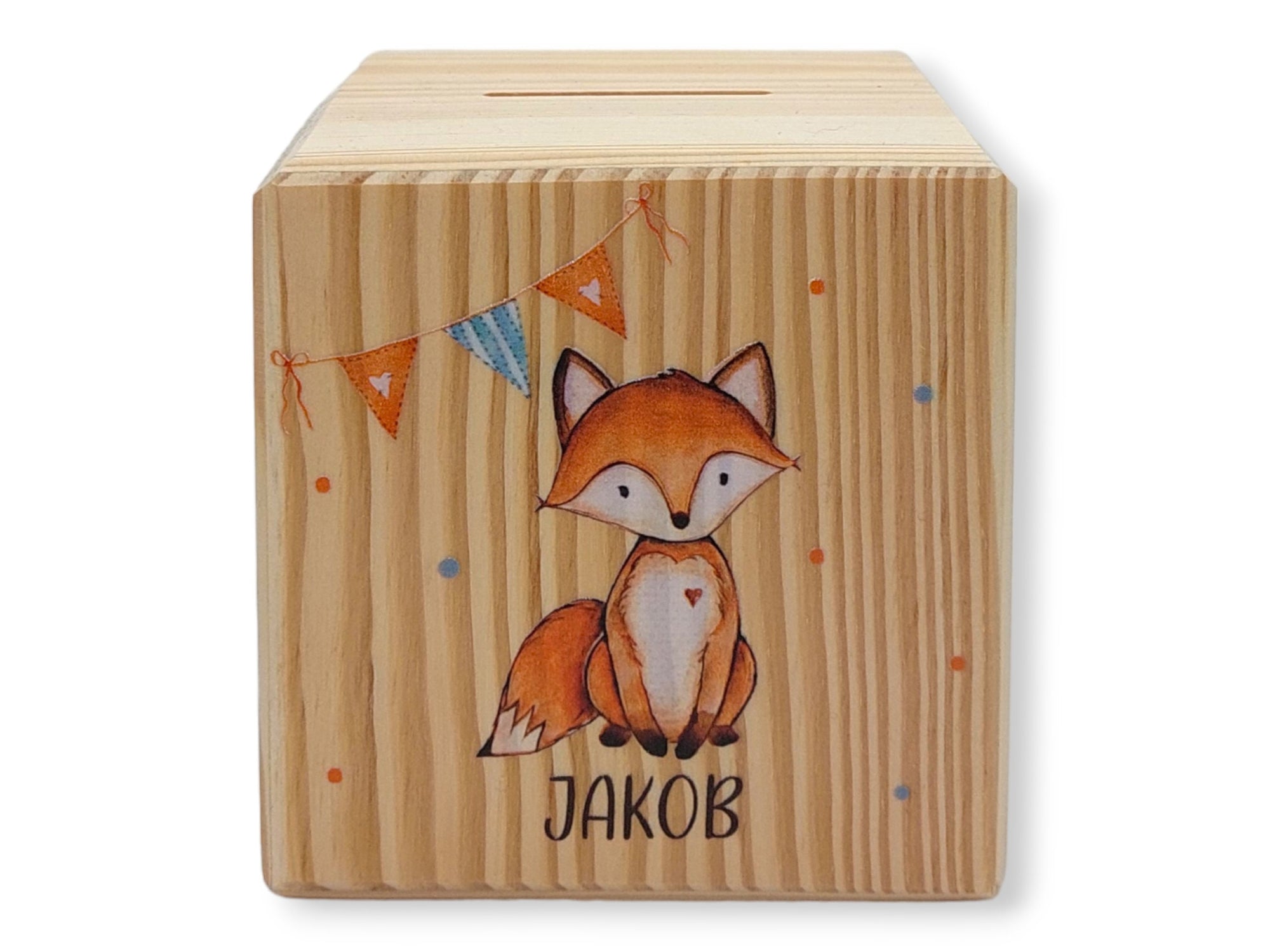 Holzspardose "Fuchs Wimpel" personalisiert mit Namen