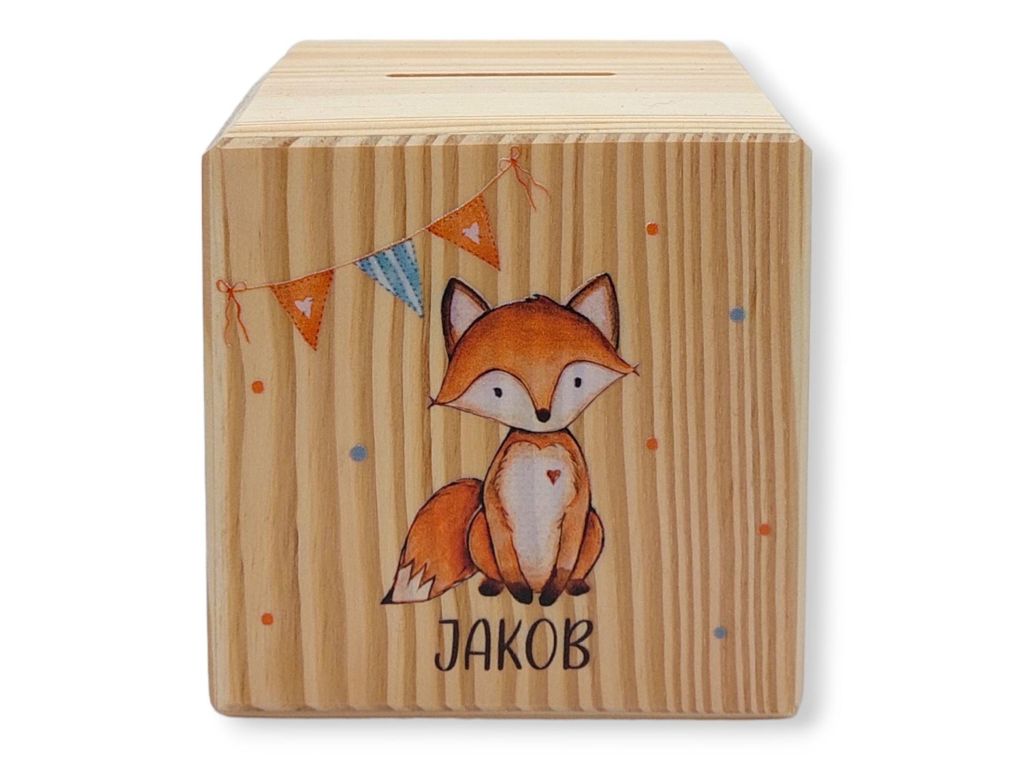 Holzspardose "Fuchs Wimpel" personalisiert mit Namen