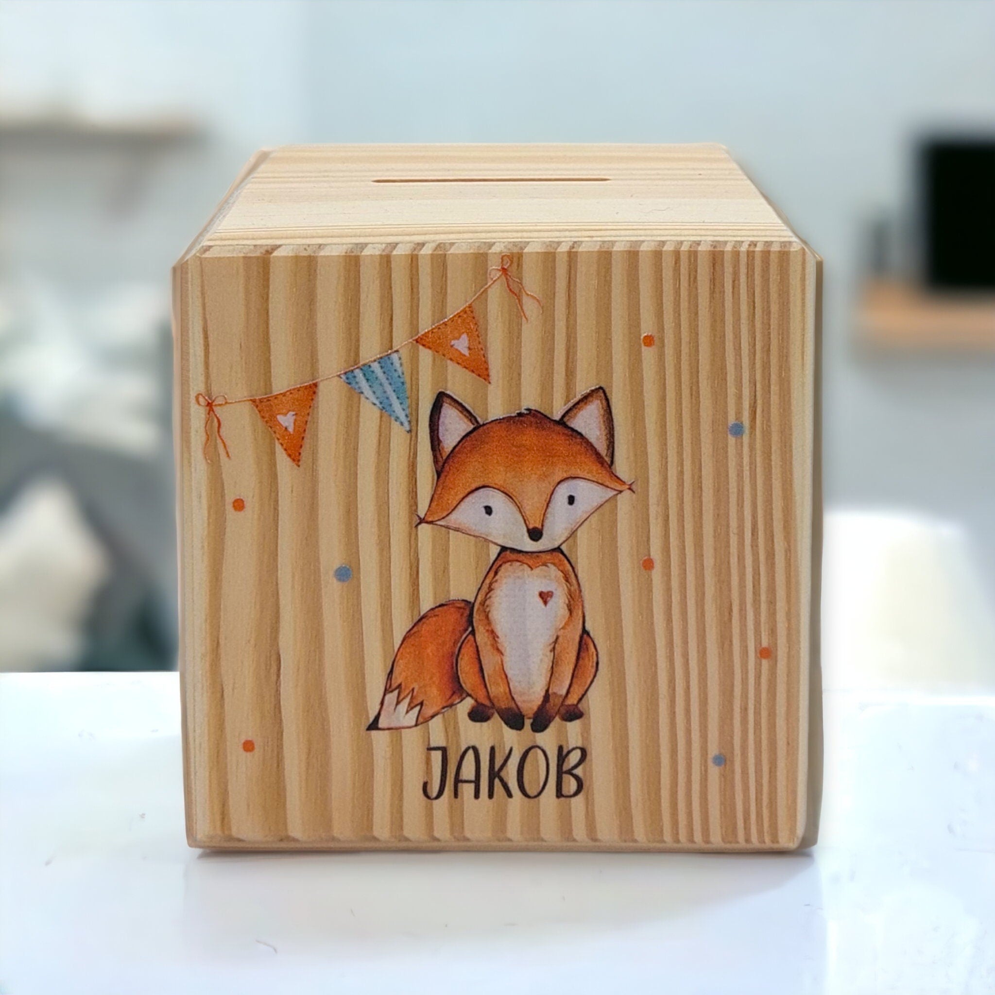Holzspardose "Fuchs Wimpel" personalisiert mit Namen