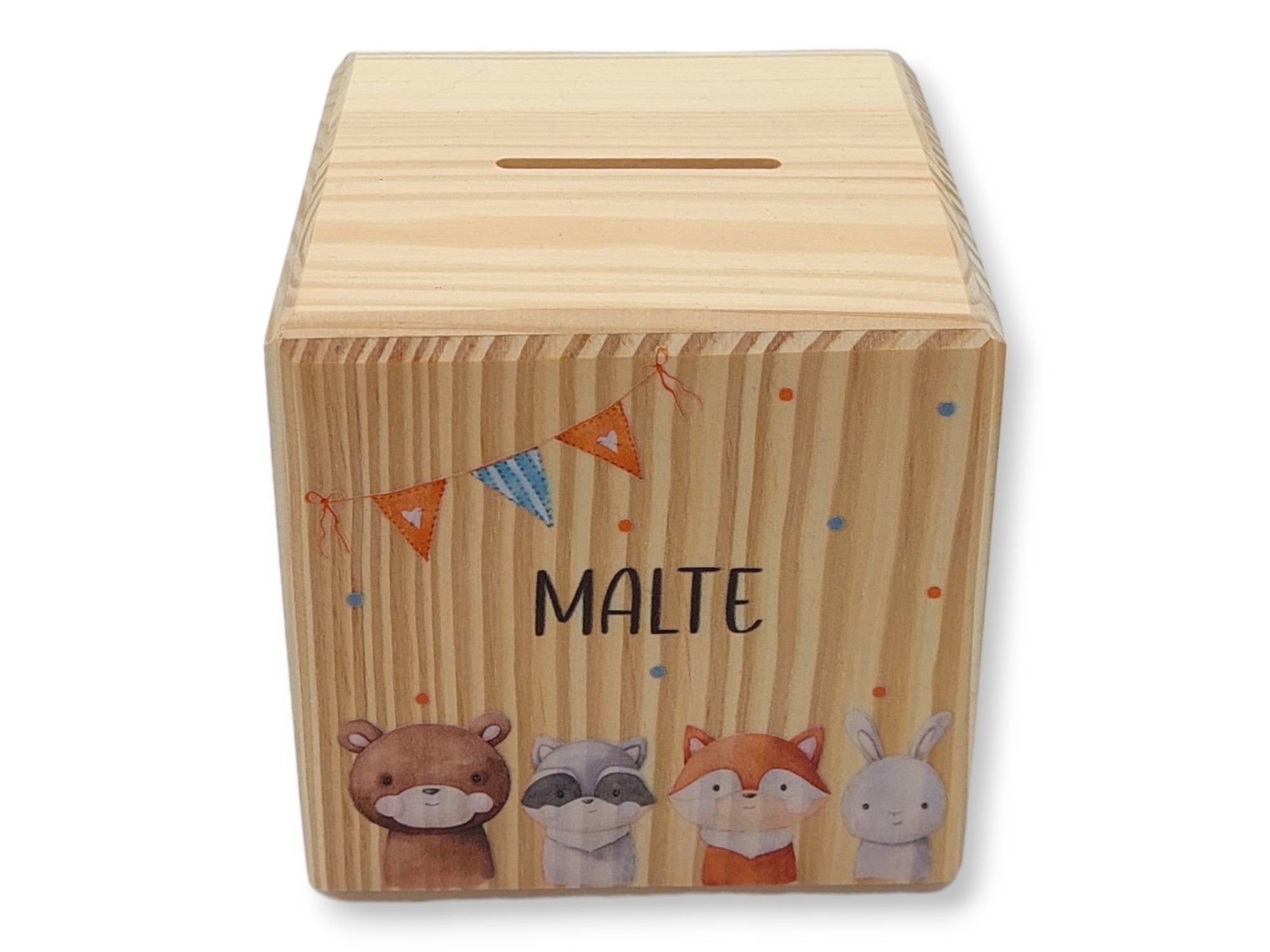 Holzspardose "Woodland Tiere" personalisiert mit Namen