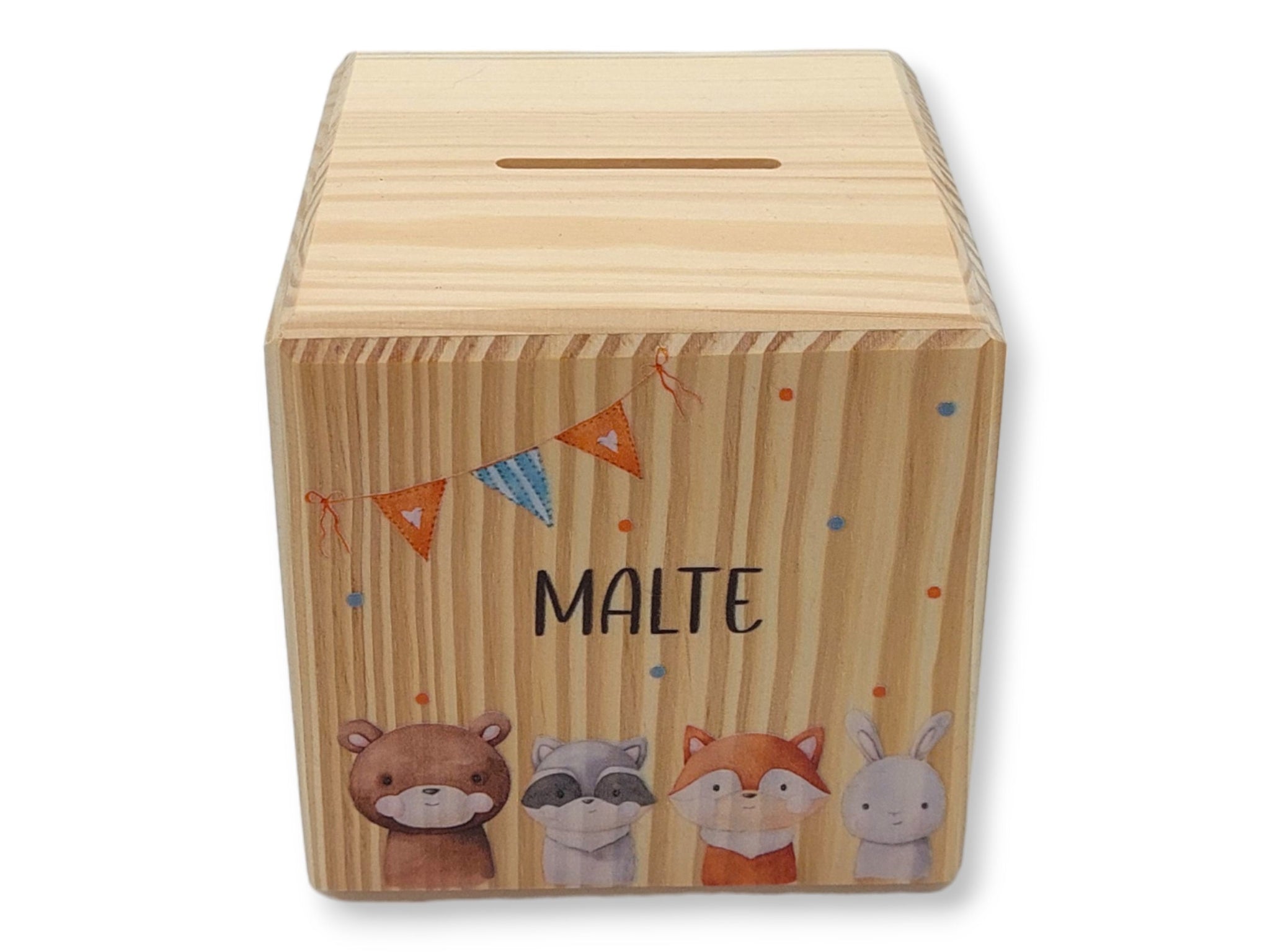 Holzspardose "Woodland Tiere" personalisiert mit Namen