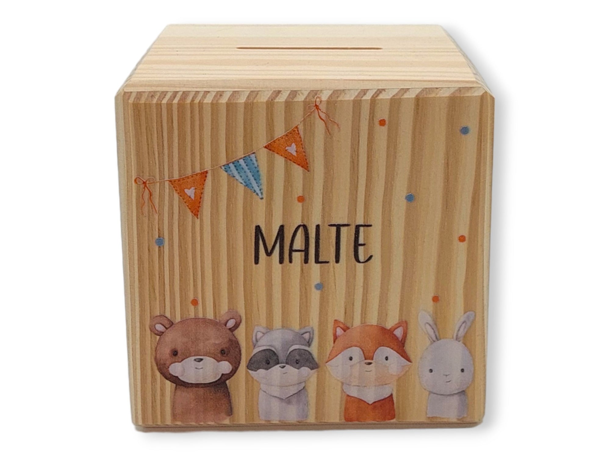Holzspardose "Woodland Tiere" personalisiert mit Namen