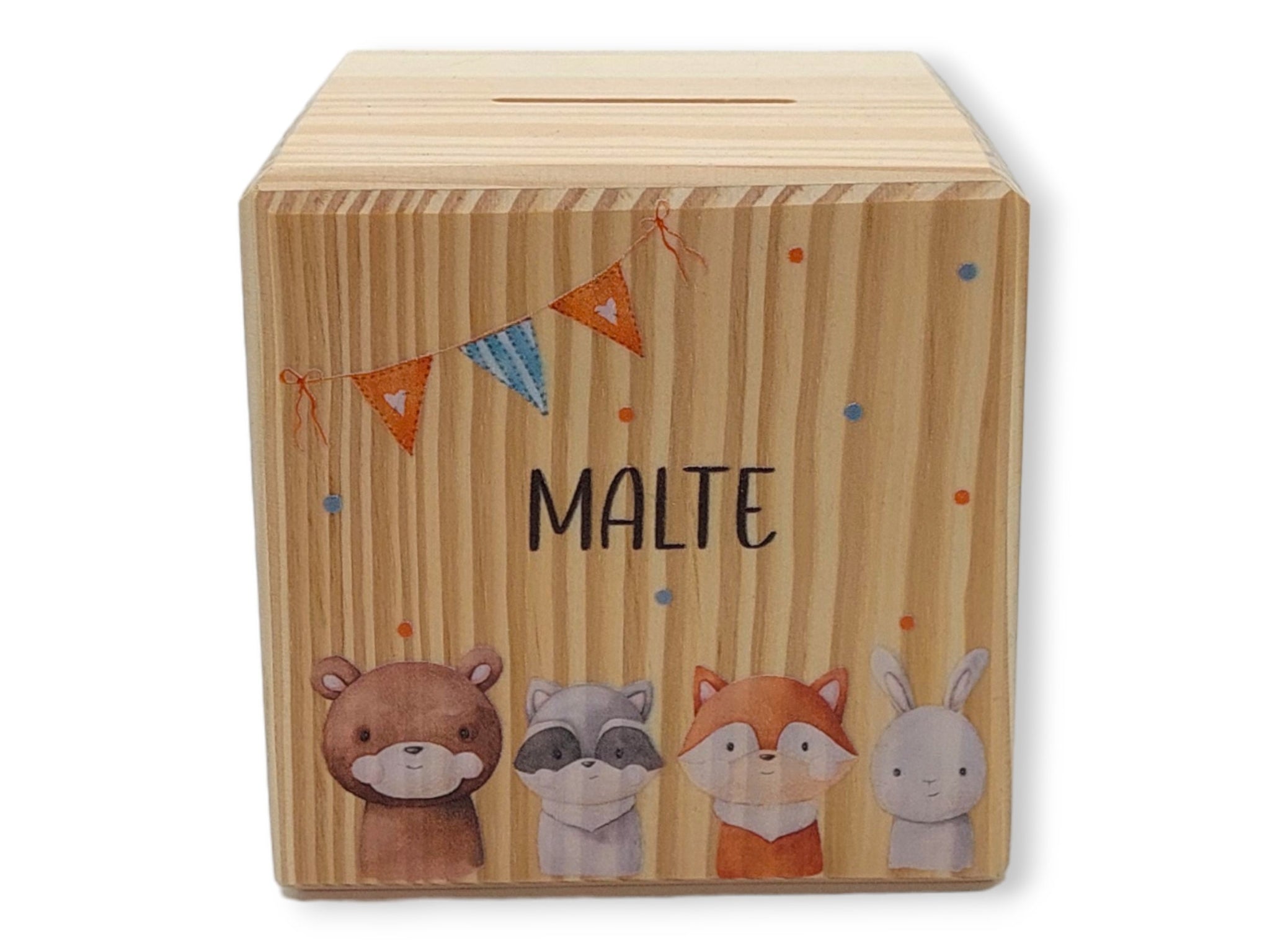 Holzspardose "Woodland Tiere" personalisiert mit Namen