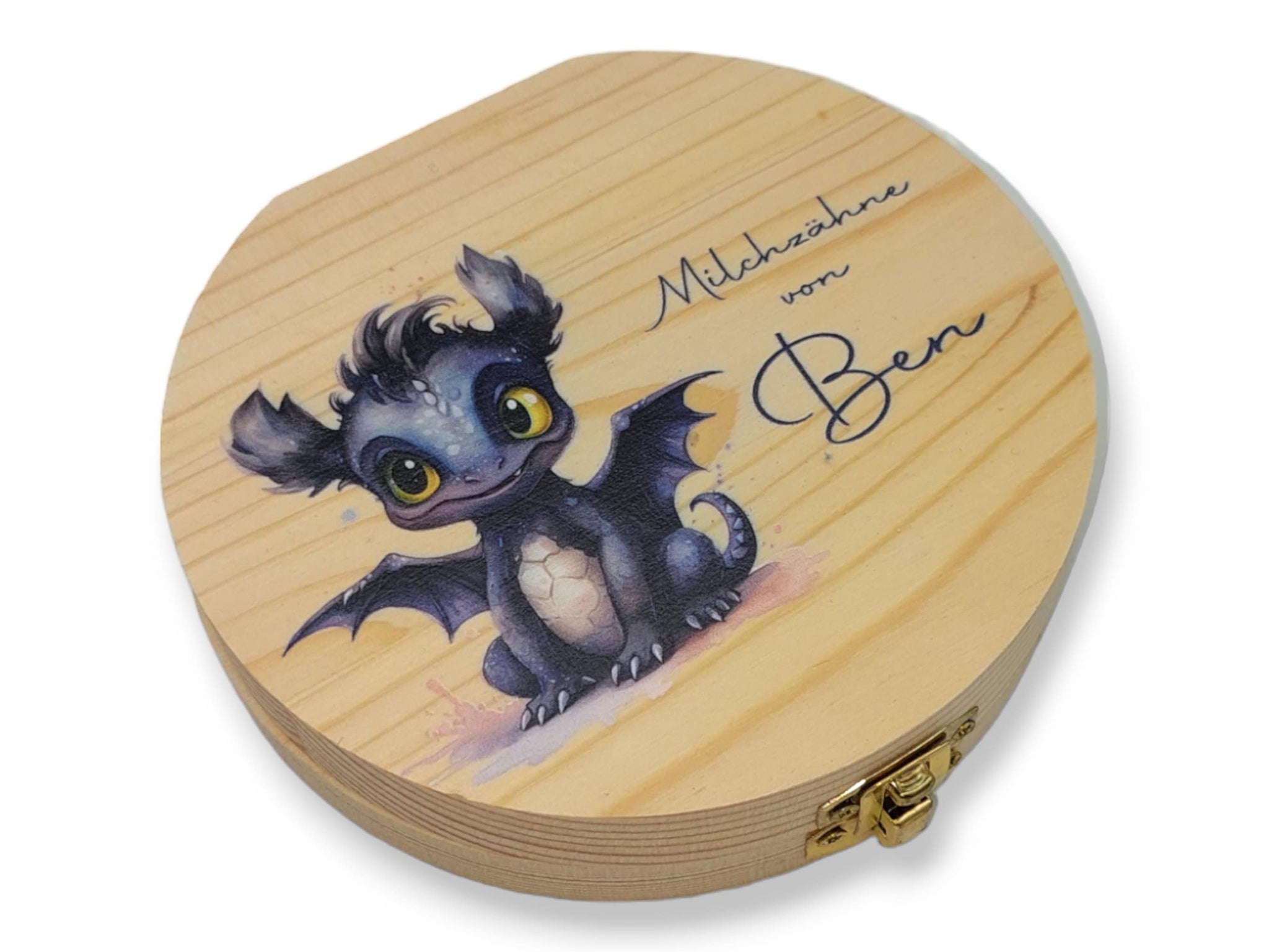 Milchzahndose personalisiert "Drache schwarz" / Milchzahnbox aus Holz