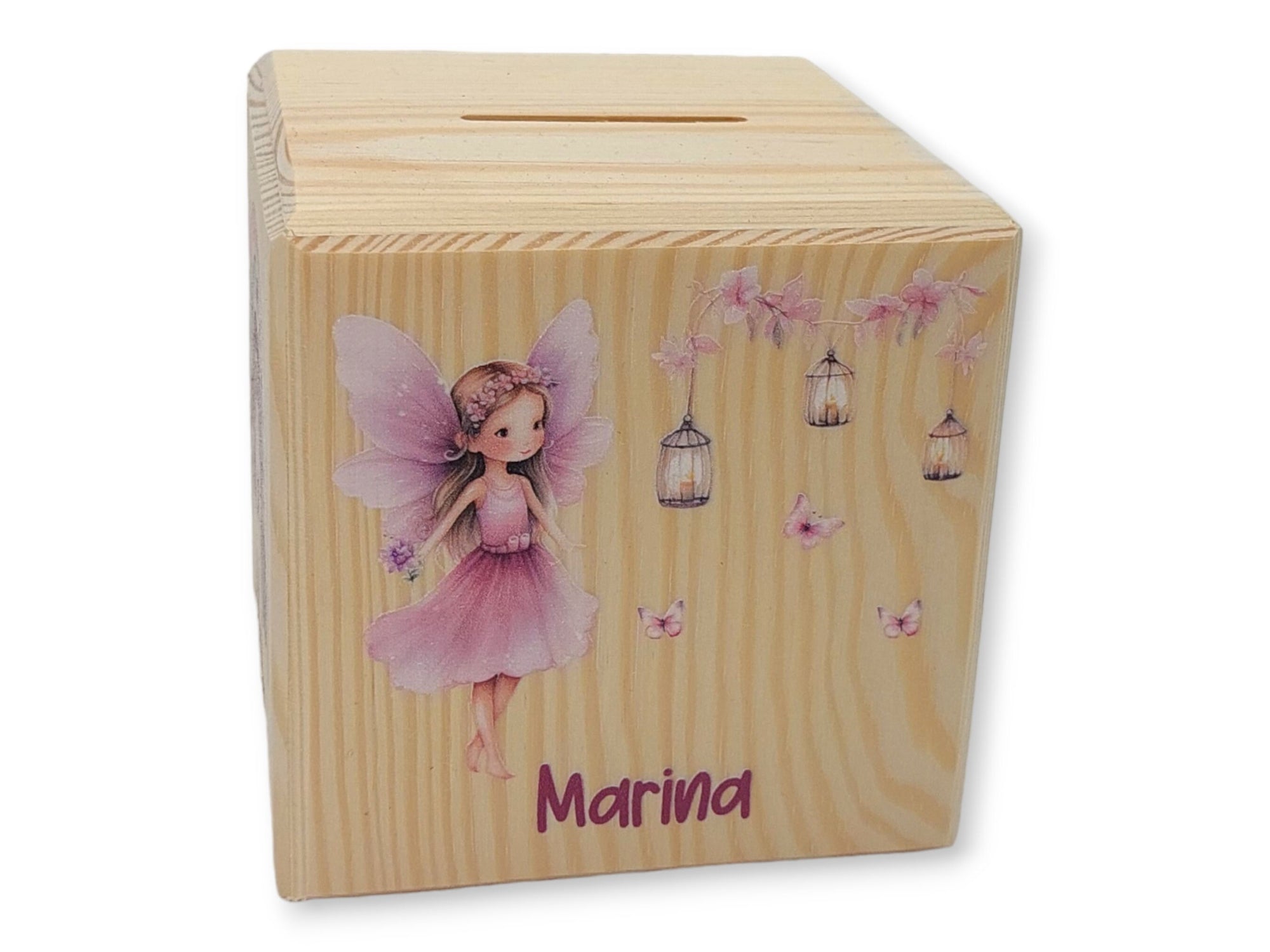 Holzspardose "Fee Schmetterlinge" personalisiert mit Namen, Spardose