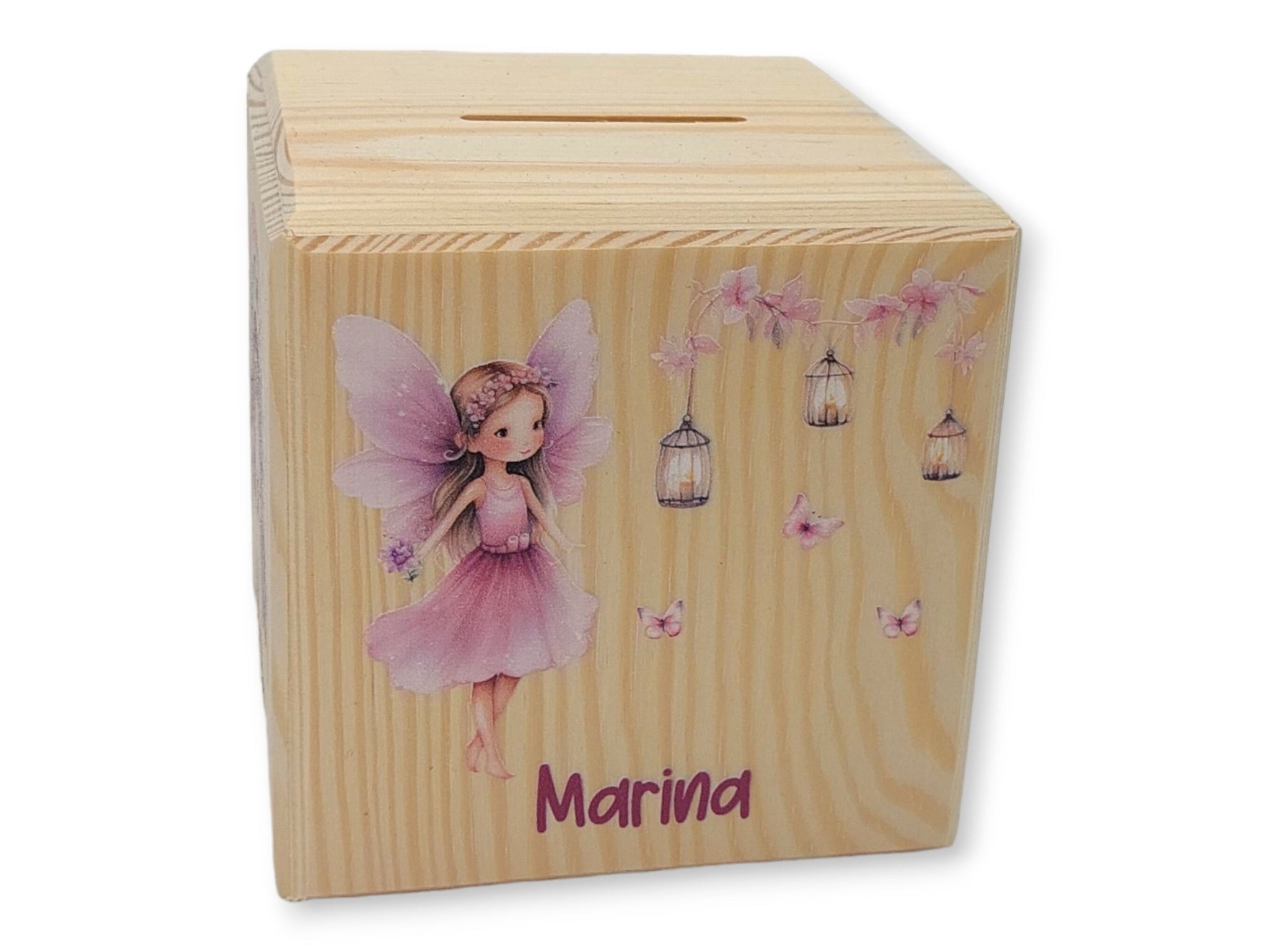 Holzspardose "Fee Schmetterlinge" personalisiert mit Namen, Spardose
