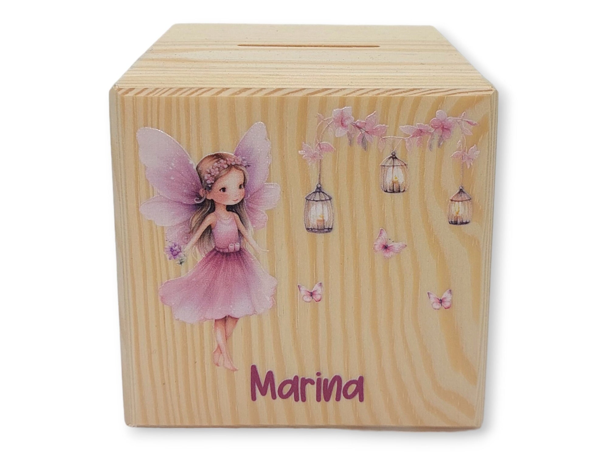 Holzspardose "Fee Schmetterlinge" personalisiert mit Namen, Spardose