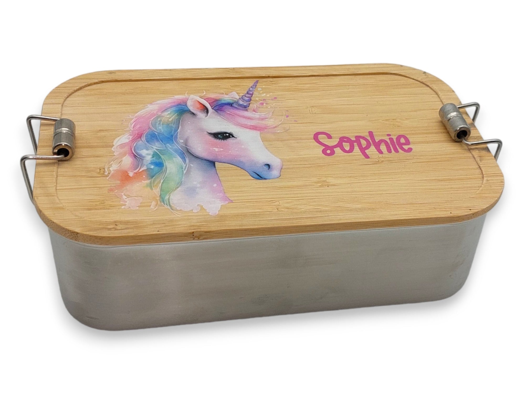 Brotdose personalisiert aus Edelstahl mit Bambus Deckel "Einhorn 2", Trennsteg, Lunchbox