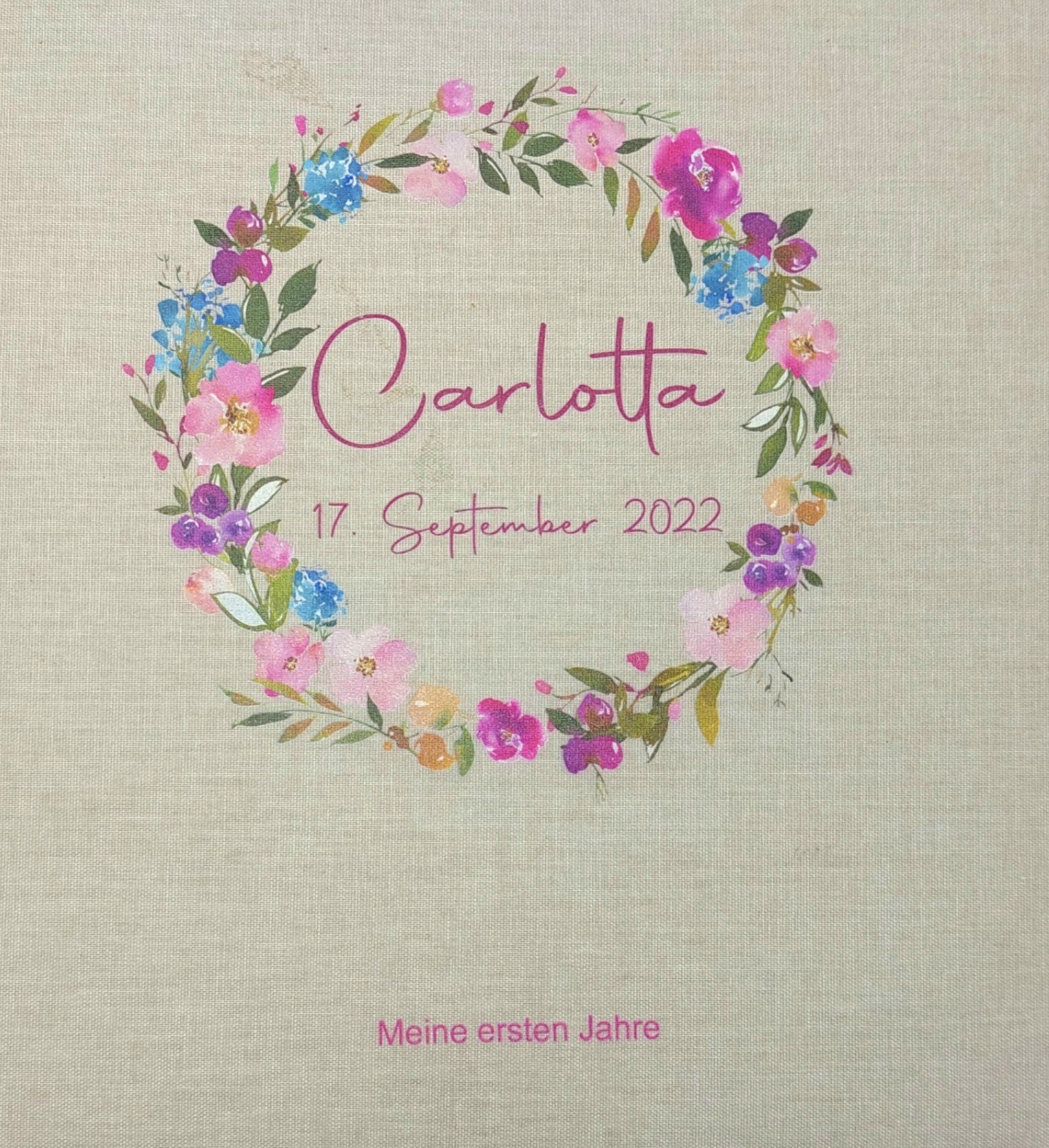 Fotoalbum personalisiert Baby, "Blumenkranz" Leinen, Erinnerungsalbum