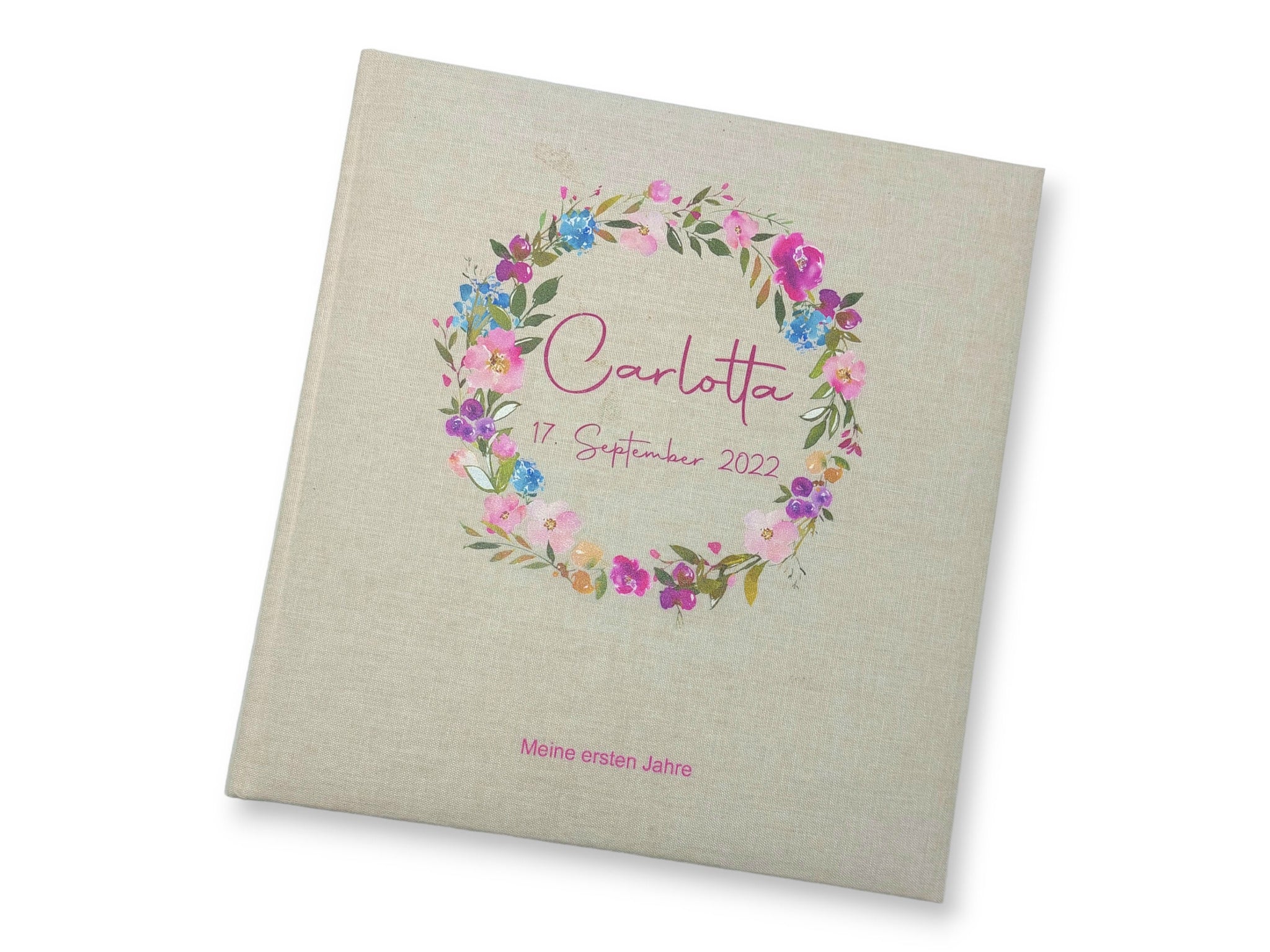 Fotoalbum personalisiert Baby, "Blumenkranz" Leinen, Erinnerungsalbum