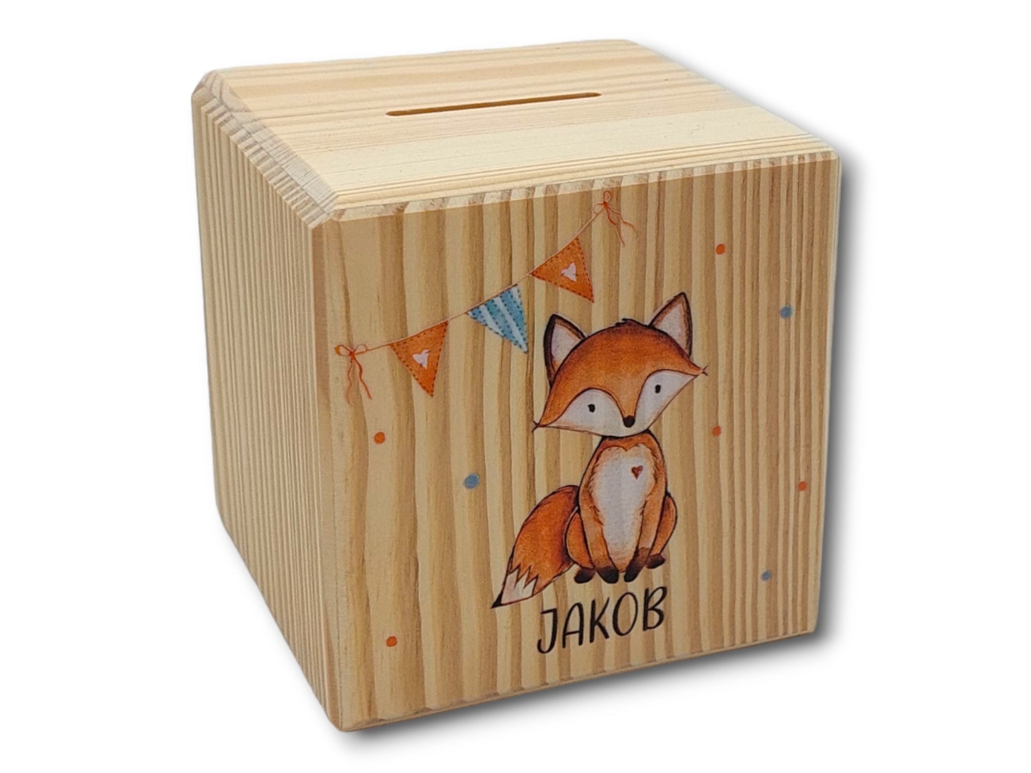 Holzspardose "Fuchs Wimpel" personalisiert mit Namen