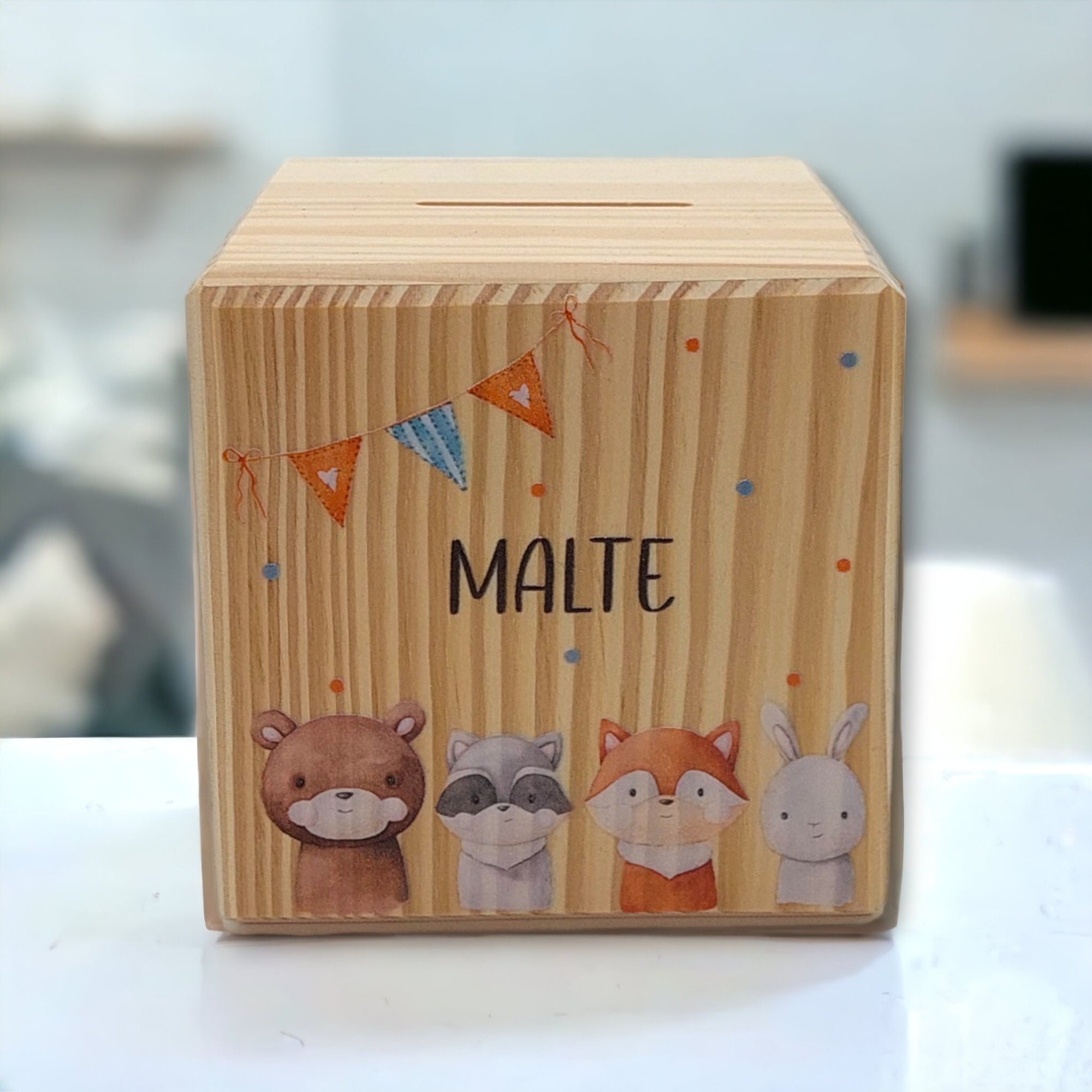 Holzspardose "Woodland Tiere" personalisiert mit Namen