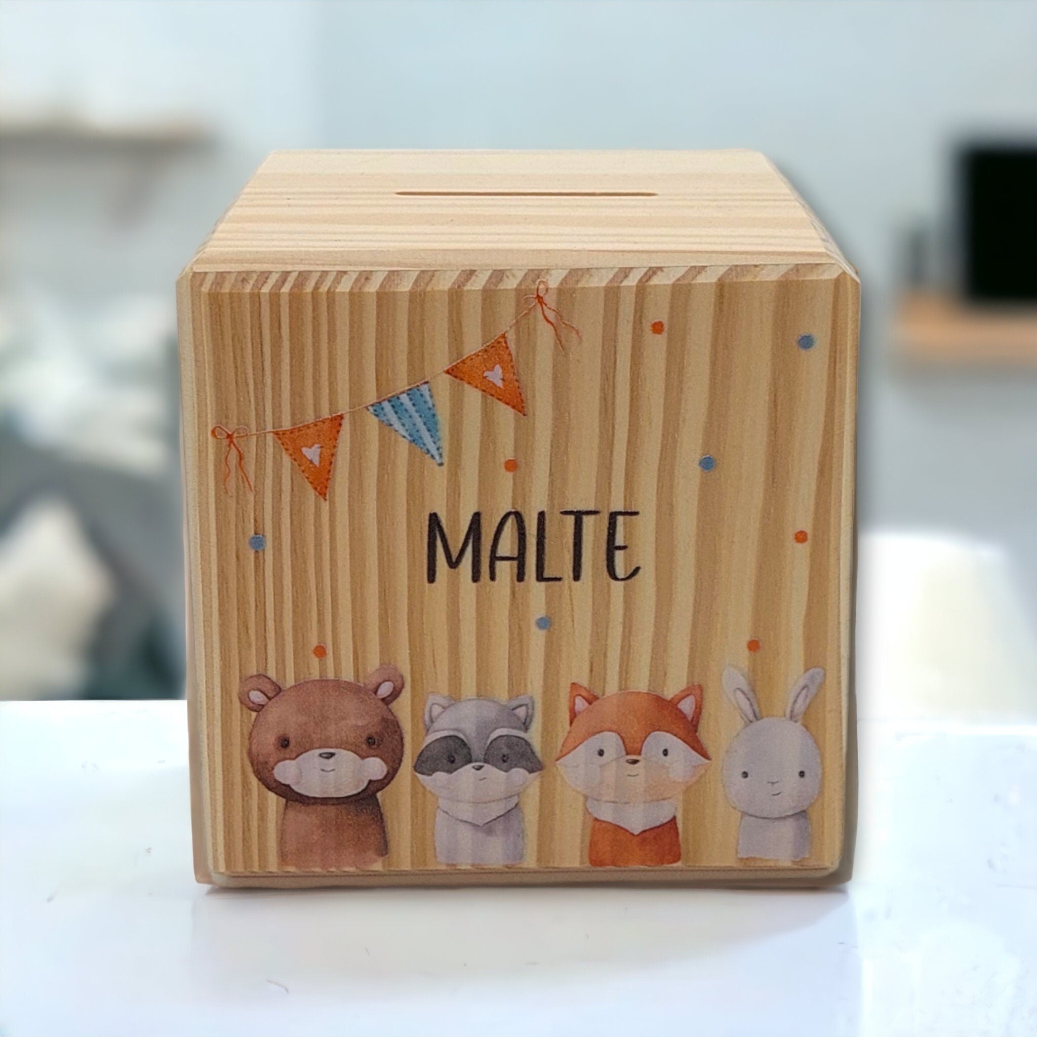 Holzspardose "Woodland Tiere" personalisiert mit Namen